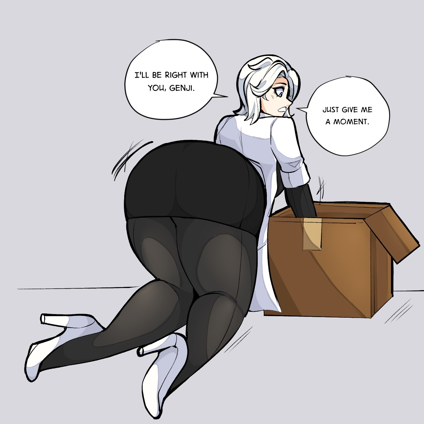 1girls, ass, bent over, blue eyes, bluueygooey, box, breasts, coat, english text, female, female only, high heels, huge ass, kneeling, large breasts, looking down, medium hair, mercy, motion lines, open mouth, overwatch, pantyhose, searching, skirt, solo, text, white hair