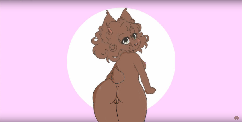 anthro breasts brown_body brown_fur brown_hair darcie_(yeagar) domestic_cat felid feline felis female fur genitals hair looking_at_viewer looking_back looking_back_at_viewer mammal nipples nude open_mouth pussy scut_tail short_tail solo yeagar