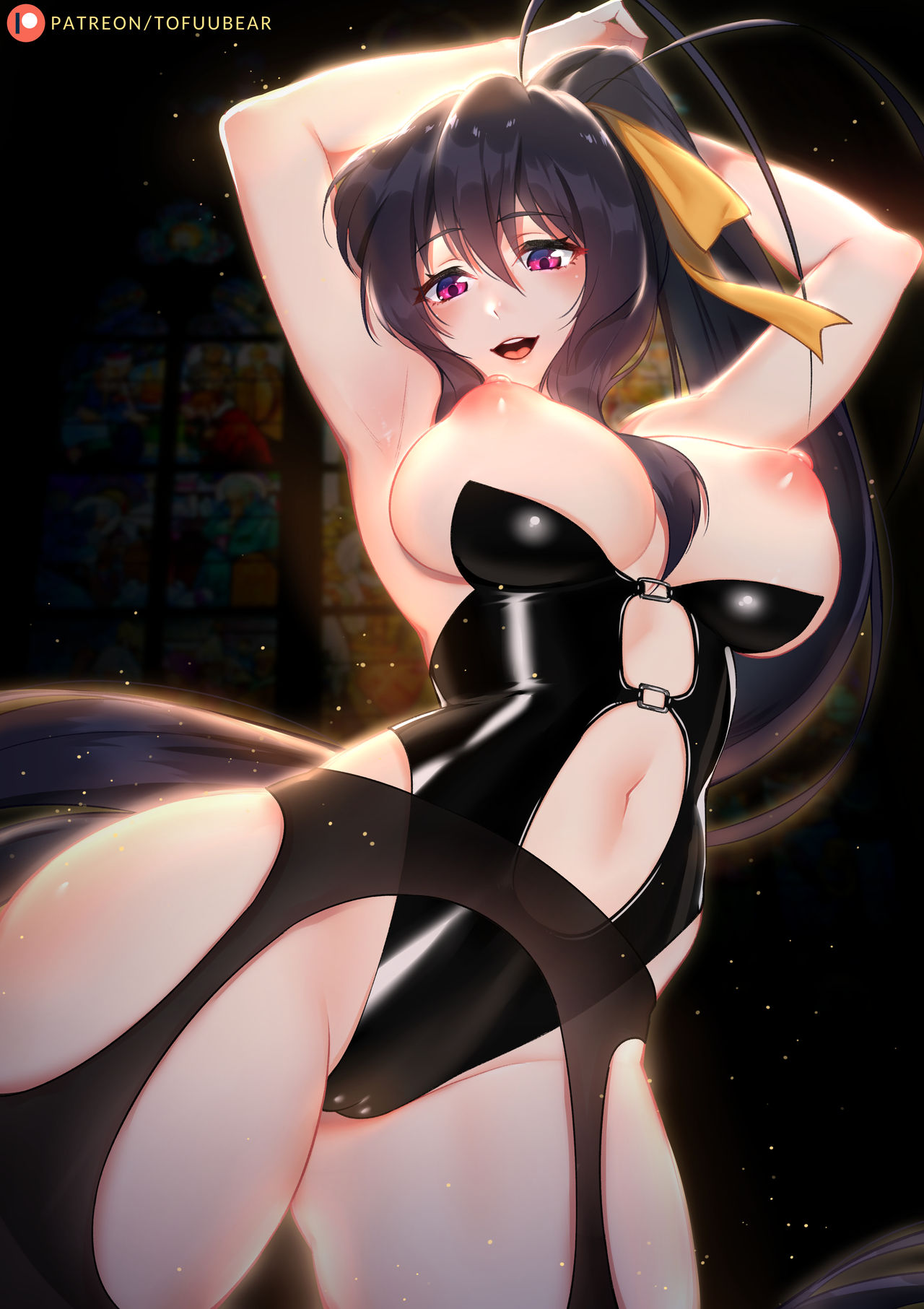 1girls, akeno himejima, big breasts, black socks, breasts, female, high school dxd, light skin, light-skinned female, naked, nipples, pussy, socks, solo, thigh socks, thighhighs, tofuubear, uncensored