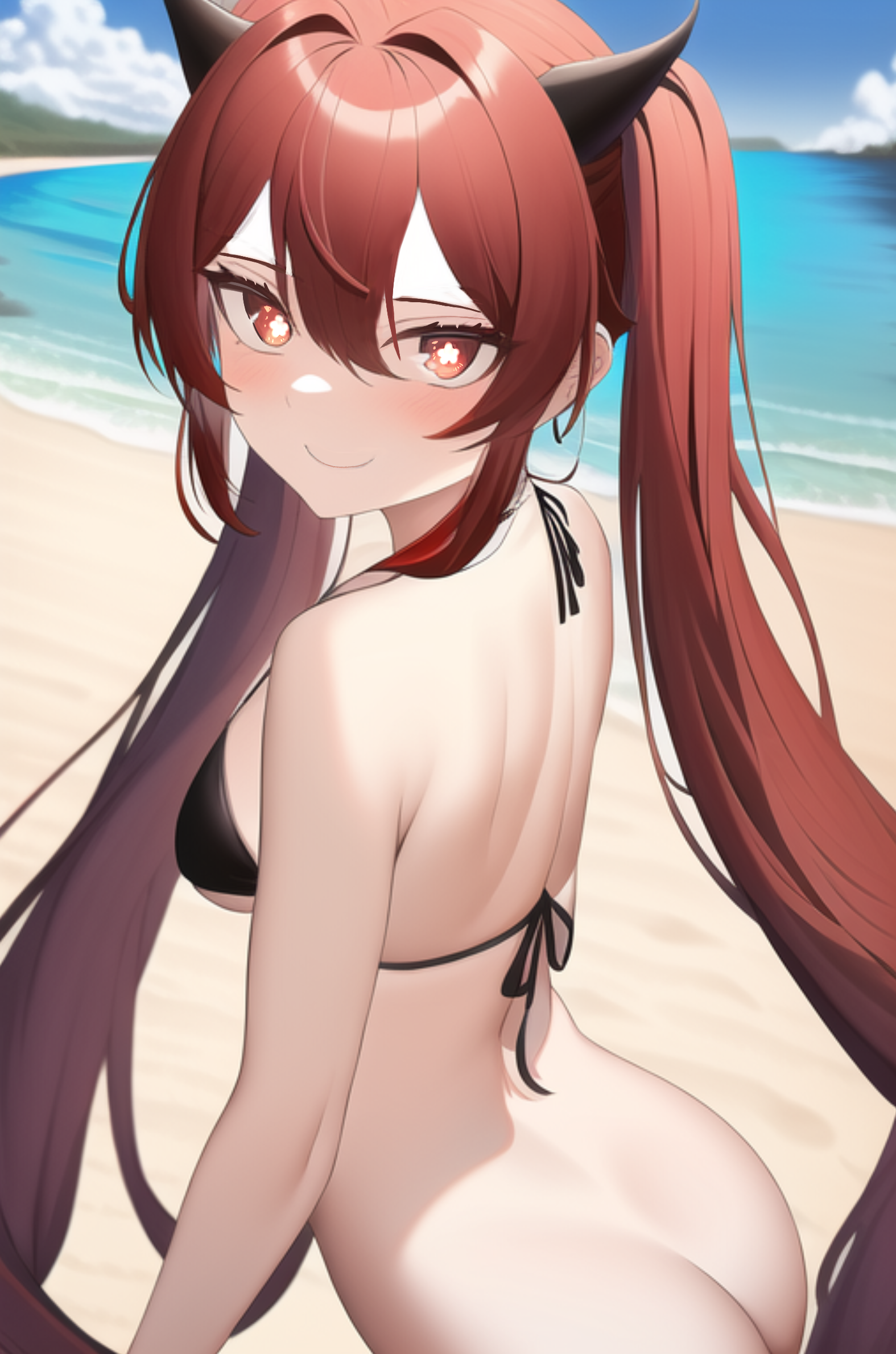 1girls, ai generated, ass, beach, bikini, bottomless, female, genshin impact, hu tao (genshin impact), nai diffusion, smile, stable diffusion, twintails