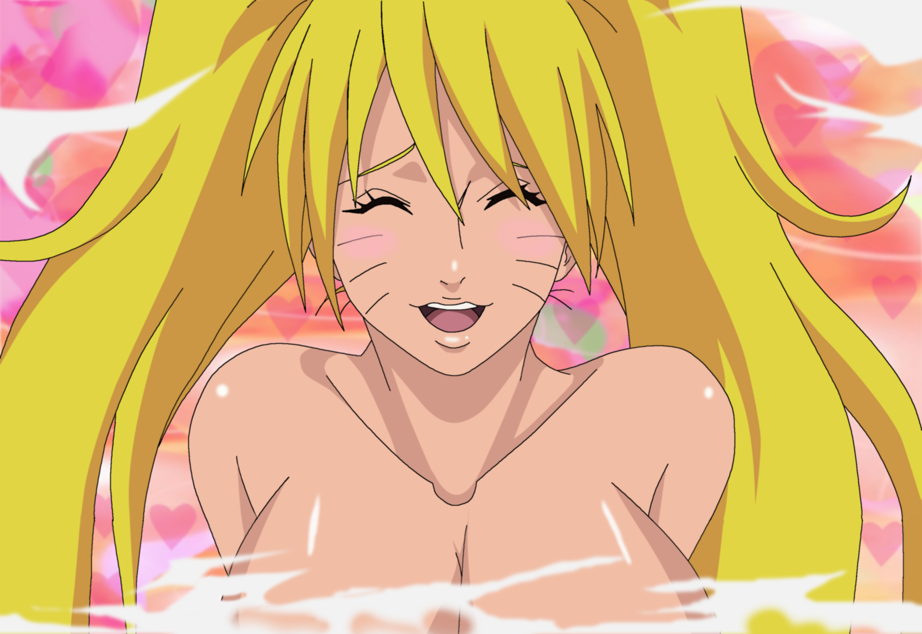 big breasts, blonde hair, blush, blushing, breasts, closed eyes, convenient censoring, eyes closed, facial marks, female, genderswap, genderswap (mtf), large breasts, long hair, luscious lips, naruko, naruto, naruto (series), open mouth, rule 63, sexy no jutsu, shiny, shiny skin, smoke, steam, steam censor, twintails, uzumaki naruto