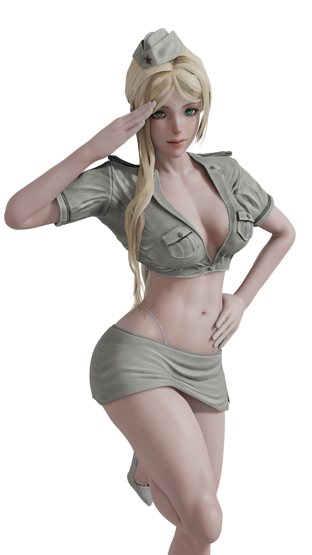 3d, android, army uniform, blonde, blonde hair, boob window, breasts, female, green eyes, hand on hip, hat, heels, highleg, highleg thong, lazyprocrastinator, looking at viewer, midriff, military uniform, nier (series), nier: automata, no bra, one leg up, pose, posing, salute, short shirt, short skirt, skirt, smile, thick thighs, thong, transparent background, yorha commander