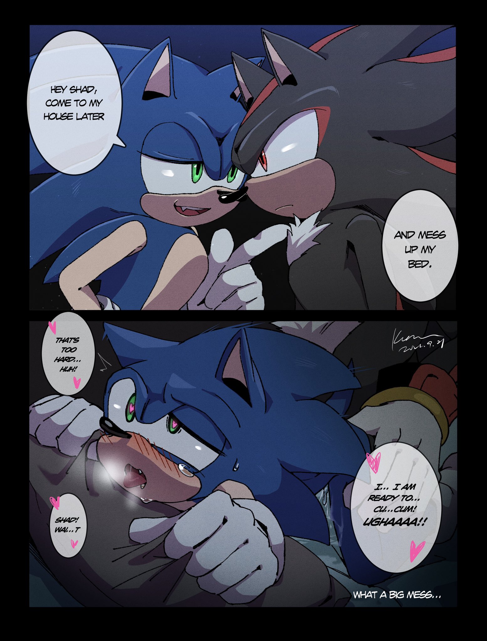 2boys, anal, anal sex, anthro, comic, english text, furry, gay, gay sex, instant loss 2koma, male, penetration, penis, shadow the hedgehog, sonadow, sonic (series), sonic the hedgehog, speech bubble, tagme, yaoi