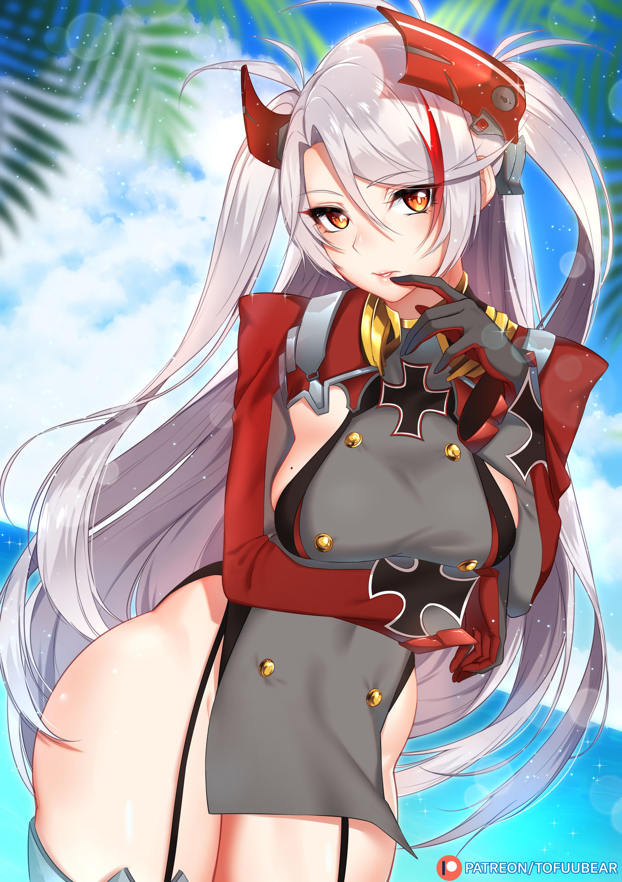 1girls, azur lane, breast hold, breasts, female, female only, iron blood (azur lane), looking at viewer, naked, nipples, no bra, nude, nude female, prinz eugen (azur lane), pussy, shaved pussy, solo, tofuubear, uncensored, vagina