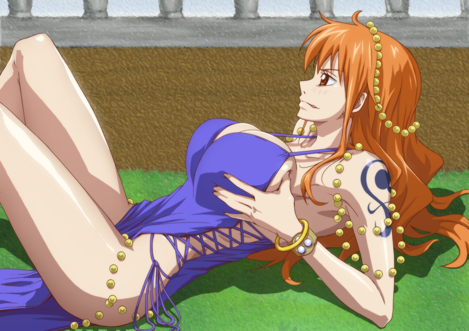 1girls, arm tattoo, big breasts, blue tattoo, breasts, clothing, female, female only, kyabakurabakufu, nami (one piece), nami (one piece) (zou), one piece, one piece: zou arc, orange hair, orange-haired female, post-timeskip, purple dress, tattoo, touching breast