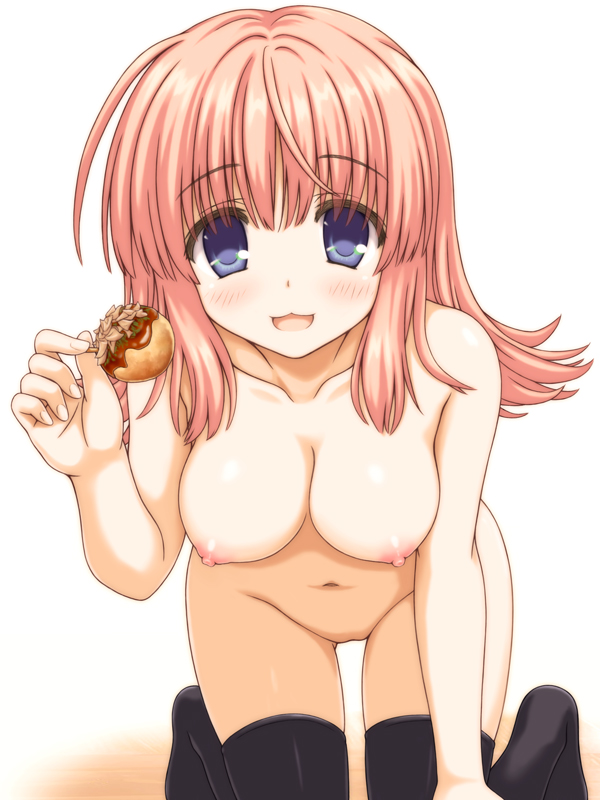 all_fours aoi_akua black_thighhighs blue_eyes blush breasts female food groin holding holding_food kouno_harumi long_hair looking_at_viewer navel nipples nude open_mouth pink_hair simple_background solo takoyaki thighhighs to_heart_(series) to_heart_2 to_heart_2_another_days white_background