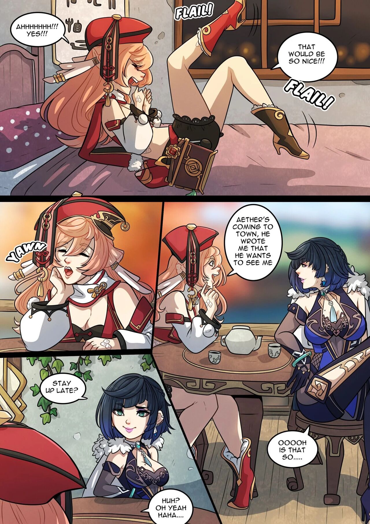 2girls, comic, english text, female, female only, genshin impact, high heels, kinkymation, table, teacup, teapot, text, yanfei (genshin impact), yelan (genshin impact)