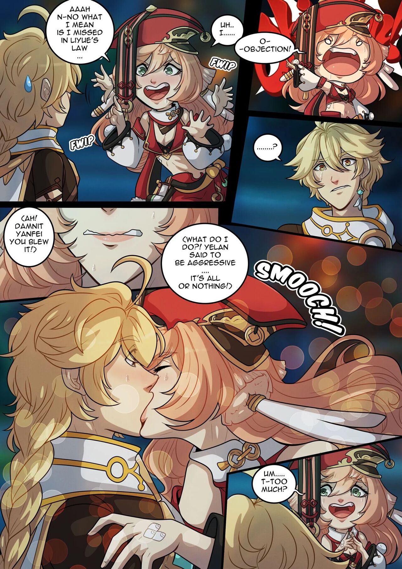 aether (genshin impact), blonde hair, blush, comic, english text, genshin impact, green eyes, kinkymation, kissing, night, open mouth, pink hair, yanfei (genshin impact)