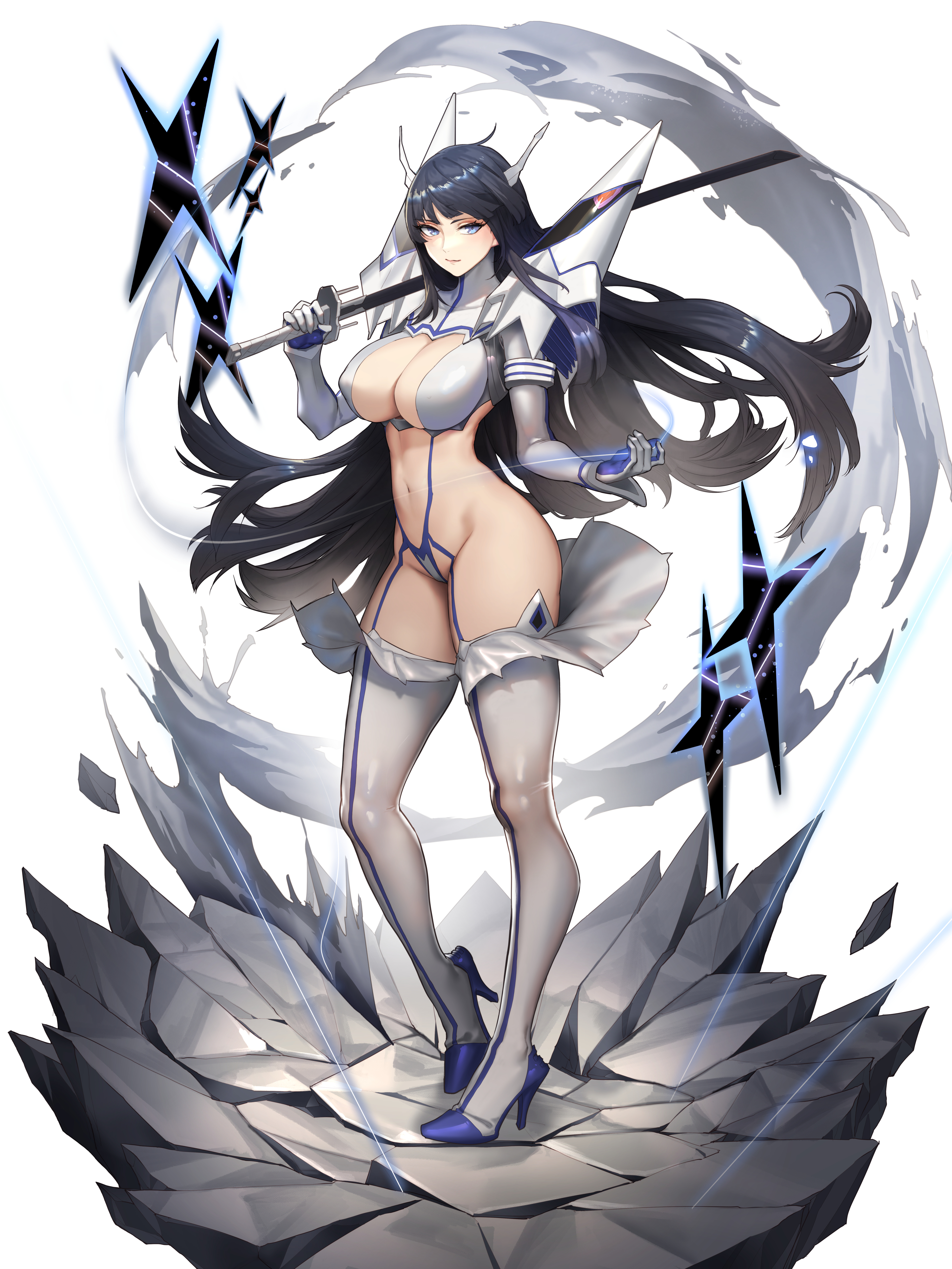 belly button, big breasts, breasts, female, jinlin, junketsu, kill la kill, kiryuuin satsuki, thick thighs, thighhighs, wide hips
