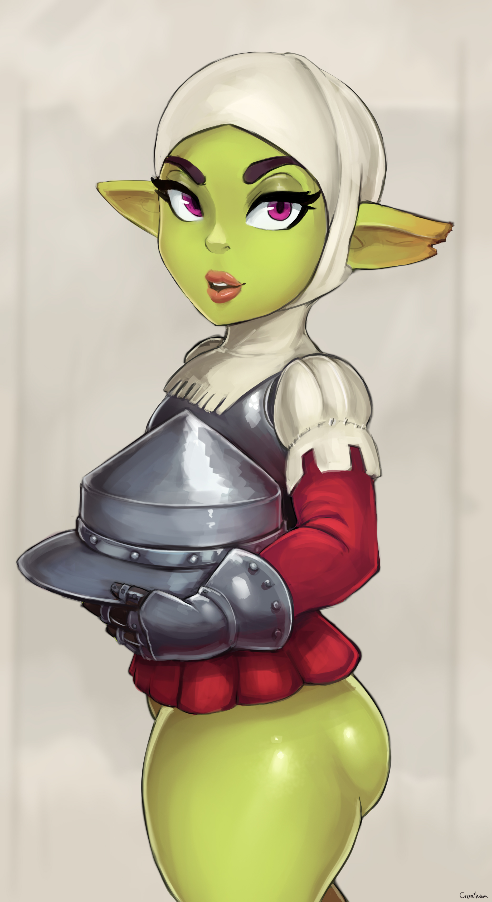 1girls, armor, armored gloves, ass, big breasts, bottomless, breasts, cranihum, eisenhut helm, female, female only, goblin, goblin female, green skin, green-skinned female, helmet, looking at viewer, medieval armour, narrowed eyes, no panties, pink eyes, pink lips, pointy ears, shortstack, side view, solo, thick thighs, very high resolution