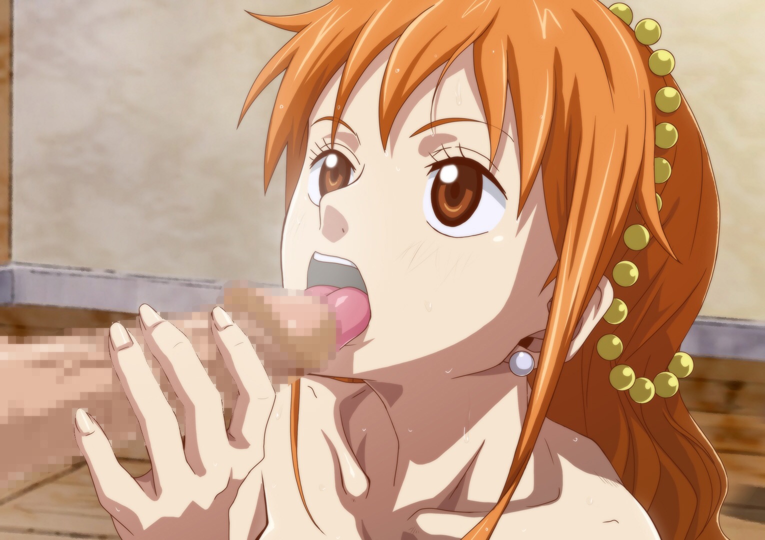 1boy, 1girls, censored, censored penis, female, kyabakurabakufu, licking penis, male, nami (one piece), nude, one piece, one piece: zou arc, orange hair, orange-haired female, penis, post-timeskip