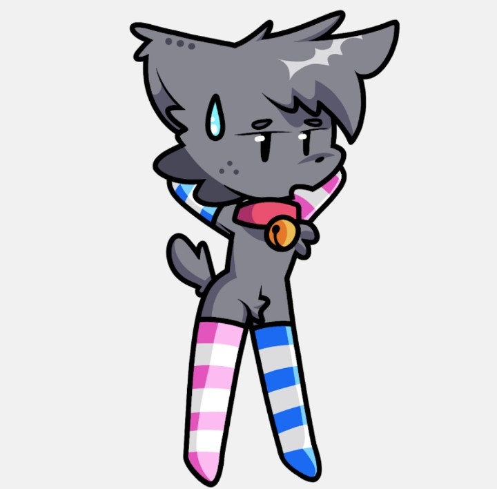 1boy, anthro, arms behind head, black eyes, cat boy, cat ears, catboy, collar, crotch tuft, evdeebz (artist), feline, femboy, fluffy tail, freckles, friday night funkin, friday night funkin mod, grey fur, kapi (paperkitty), male, male only, naked, plain background, sweating, thighhighs, thighs