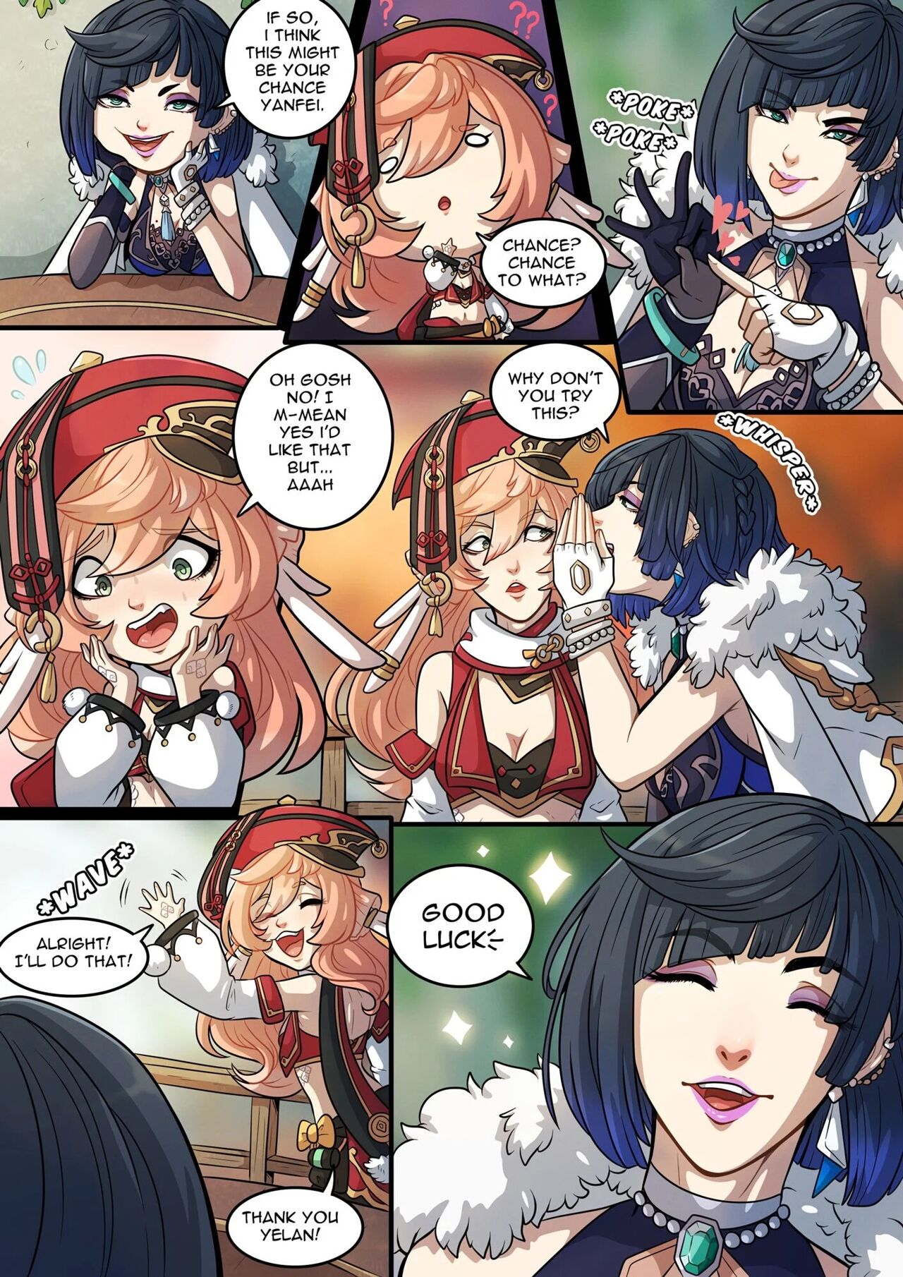 2girls, closed eyes, comic, english text, eyeshadow, female, female only, genshin impact, hat, kinkymation, lipstick, makeup, smile, text, whispering, yanfei (genshin impact), yelan (genshin impact)