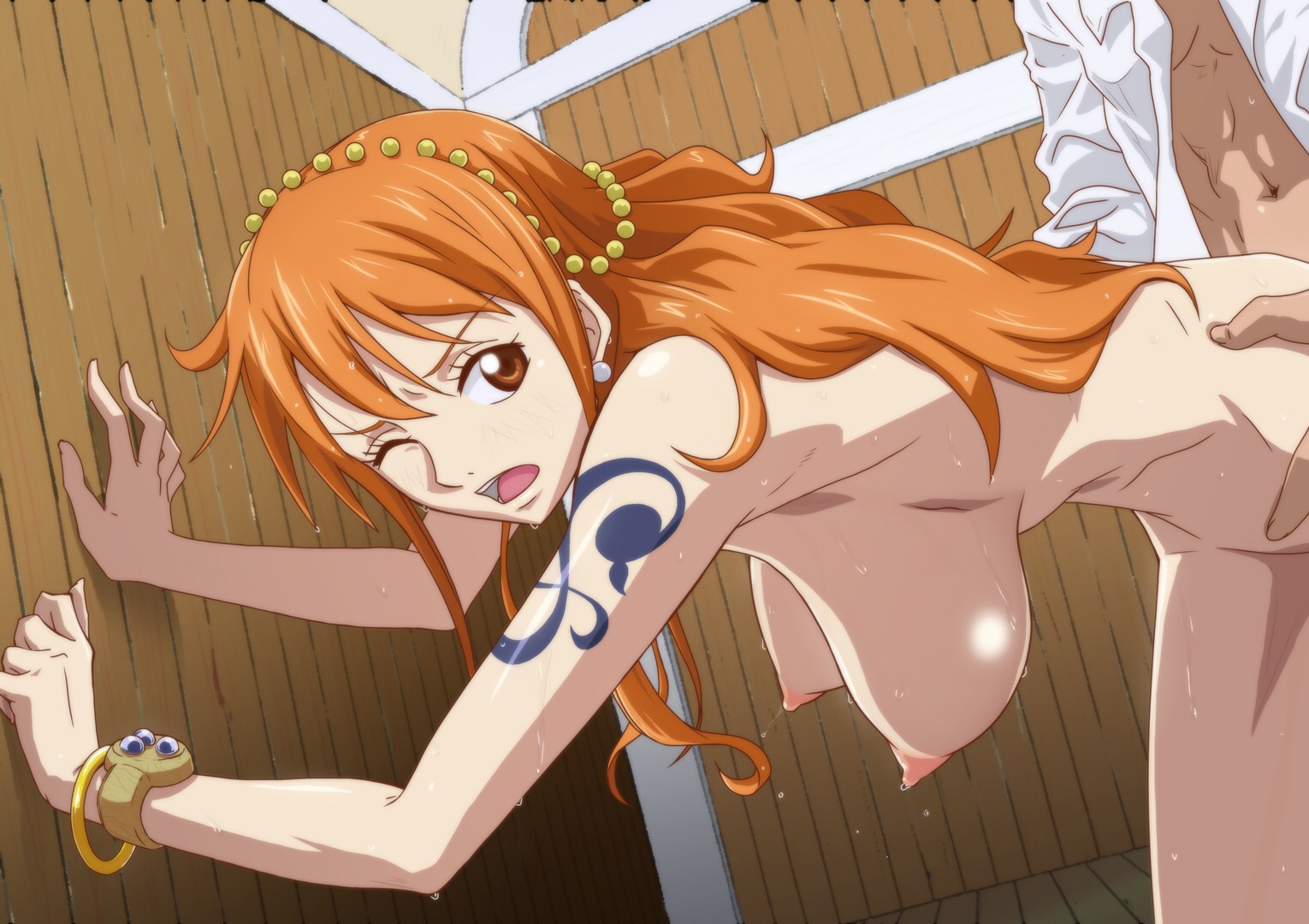 1boy, 1girls, arm tattoo, blue tattoo, female, kyabakurabakufu, log pose, male, nami (one piece), nude, one piece, one piece: zou arc, orange hair, orange-haired female, tattoo