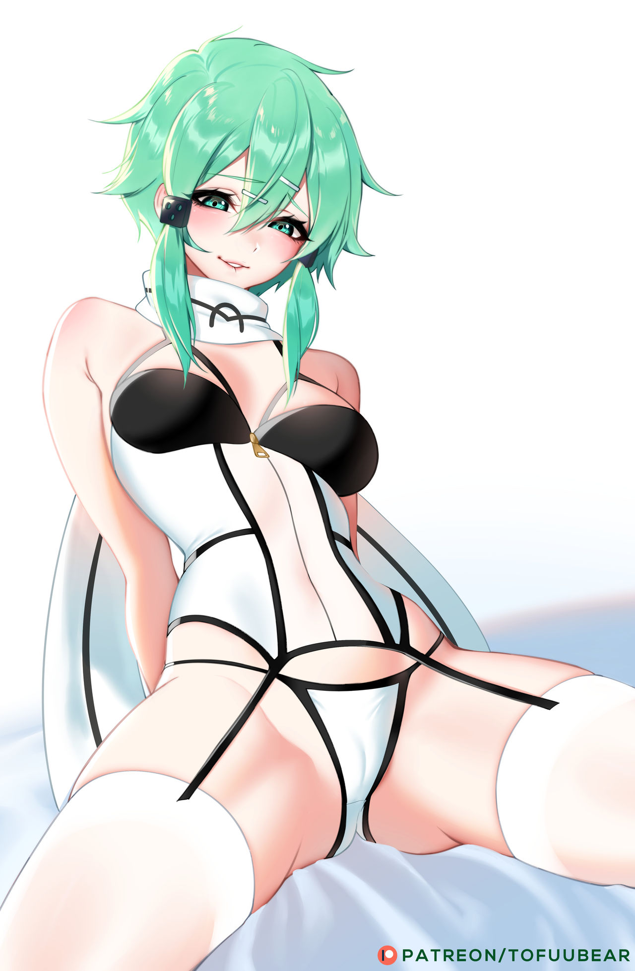 1girls, asada shino, breasts, female, green eyes, green hair, gun gale online, hair between eyes, nipples, patreon, presenting, presenting pussy, pussy, short hair, sinon, solo, sword art online, tofuubear