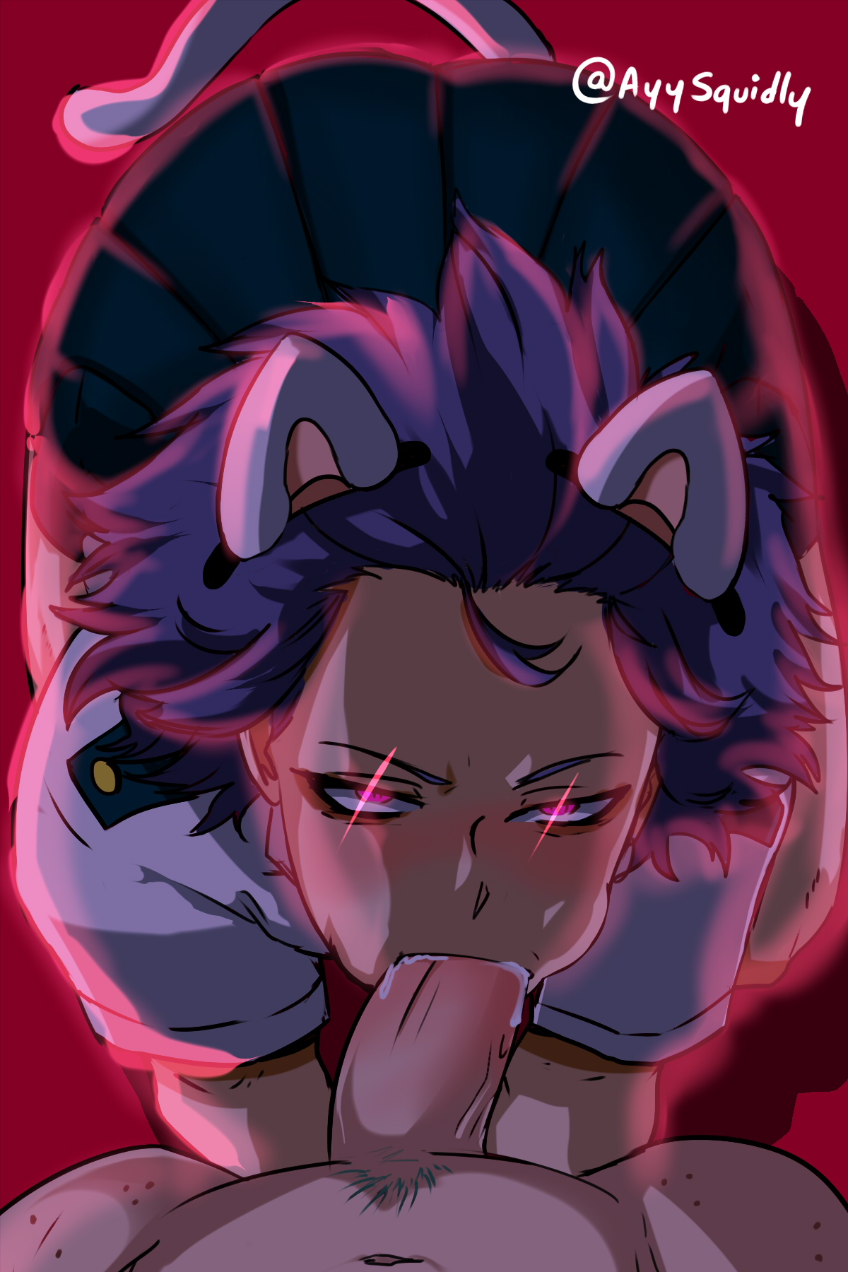 2boys, all fours, alternate version available, ayysquidly, brainwashing, cat boy, cat ears, cat tail, catboy, cum, cum in mouth, eyeliner, freckles, gay, green hair, hitoshi shinso, hypnosis, implied anal, izuku midoriya, looking at viewer, looking up, makeup, male, male only, male/male, my hero academia, oral, oral sex, purple eyes, purple hair, role reversal, roleplay, skirt, u.a. school uniform