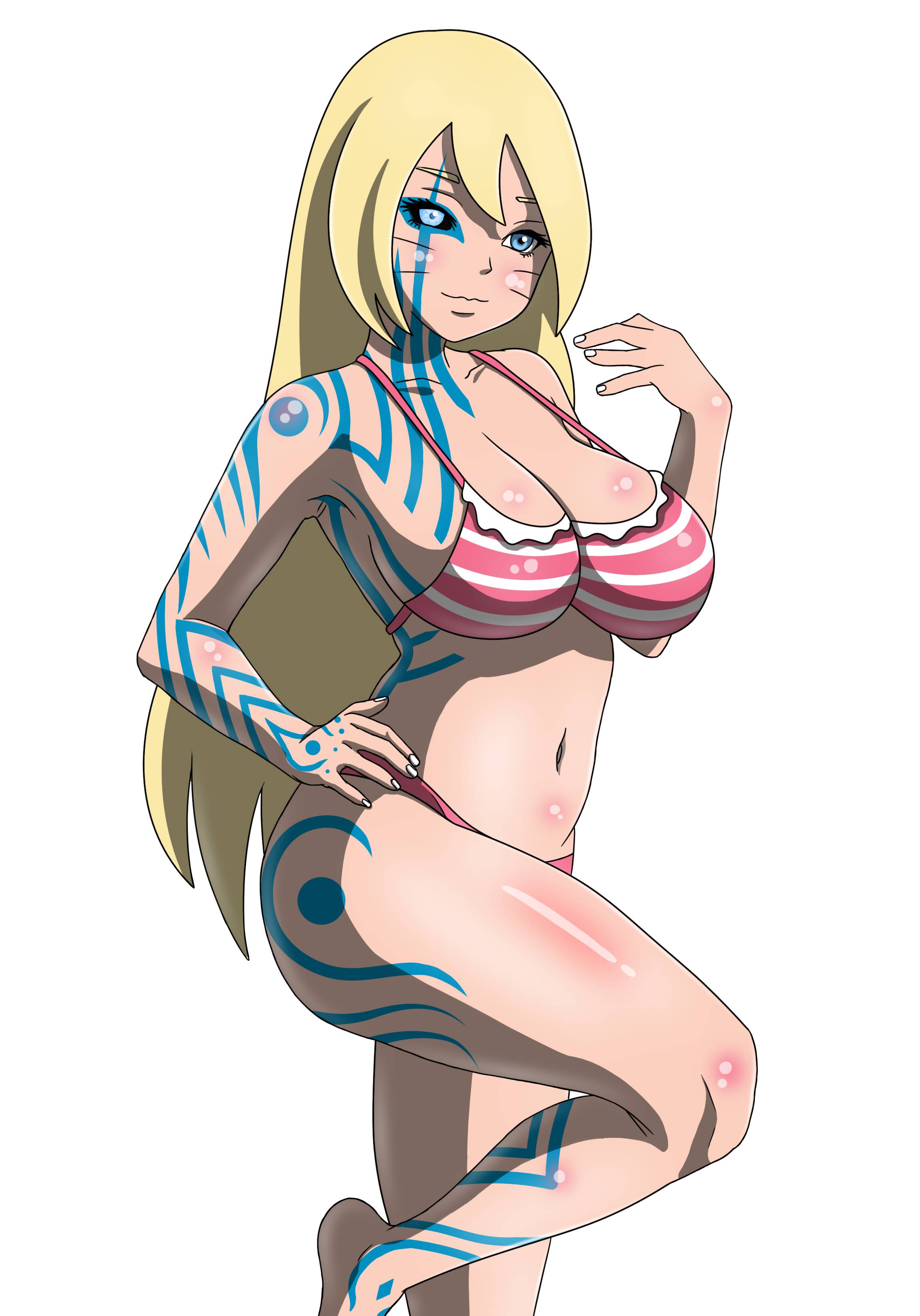 1girls, absurdres, ass, bikini, black sclera, blonde hair, blue eyes, blush, body markings, boruko, boruto: naruto next generations, breasts, cowboy shot, facial mark, female, from behind, gender transformation, genderswap, genderswap (mtf), heart, heterochromia, highres, large breasts, long hair, looking at viewer, looking back, naruto, naruto (series), parted lips, rule 63, sexy no jutsu, skindentation, solo, swimsuit, transformation, unusual anatomy, unusual eyes, unusual pupils, uzumaki boruto, whisker markings