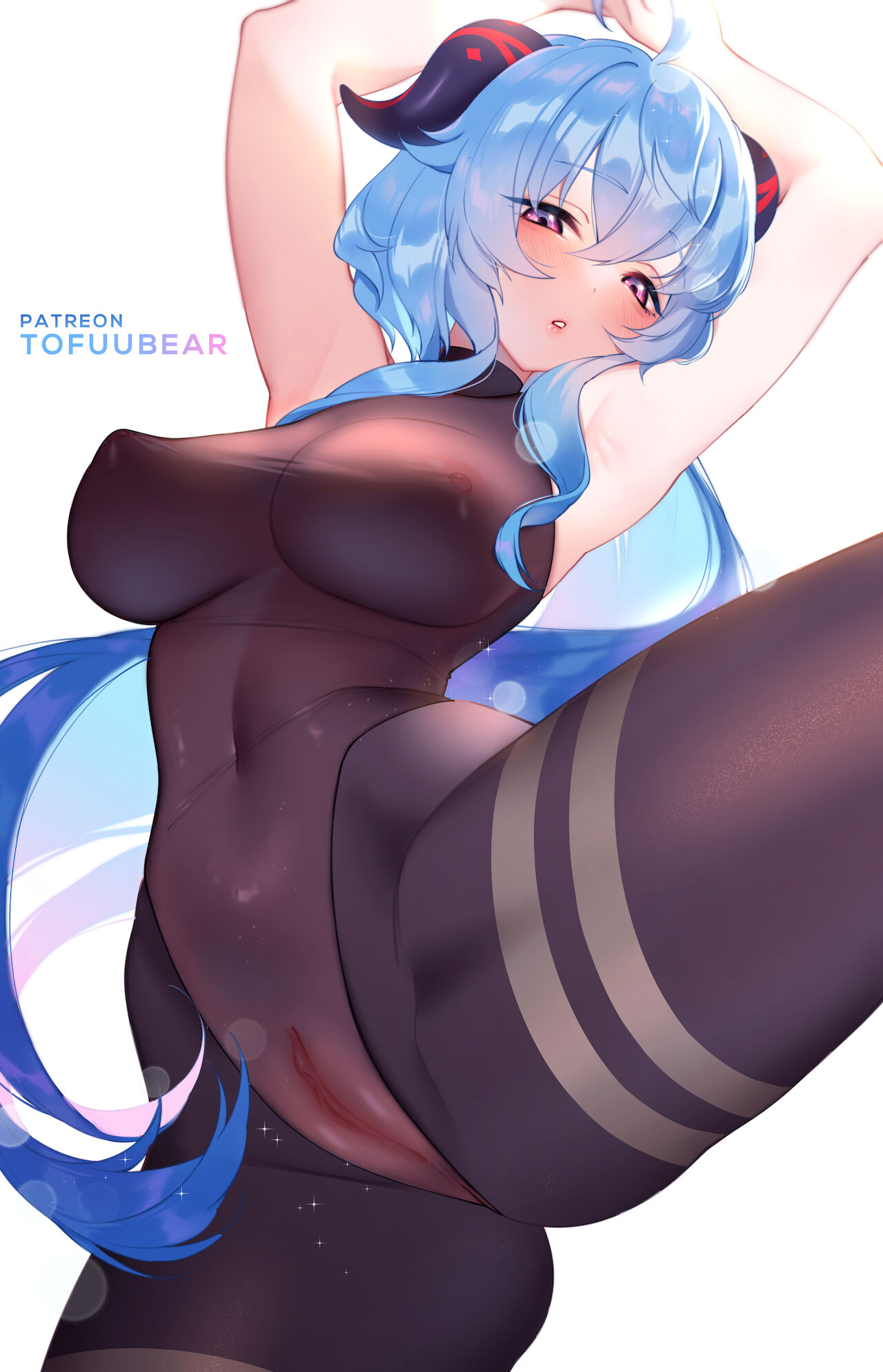1girls, arms above head, blue hair, breasts, cum, female, ganyu (genshin impact), genshin impact, horns, male, male pov, pussy, solo, spread legs, tofuubear