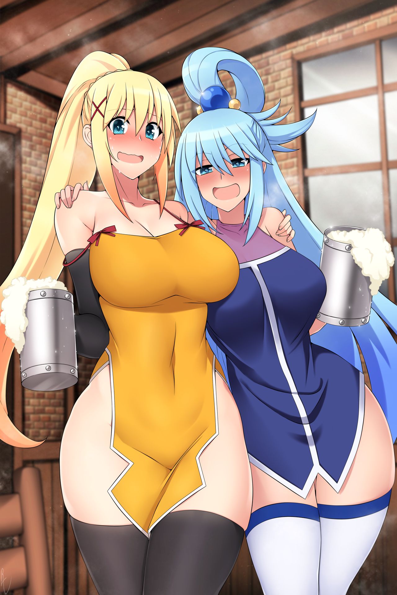 2girls, aqua (konosuba), beer, blush, breasts, darkness (konosuba), drunk, female, female only, goddess, huge breasts, kono subarashii sekai ni shukufuku wo!, lindaroze, multiple females, multiple girls, self fondle, thighhighs