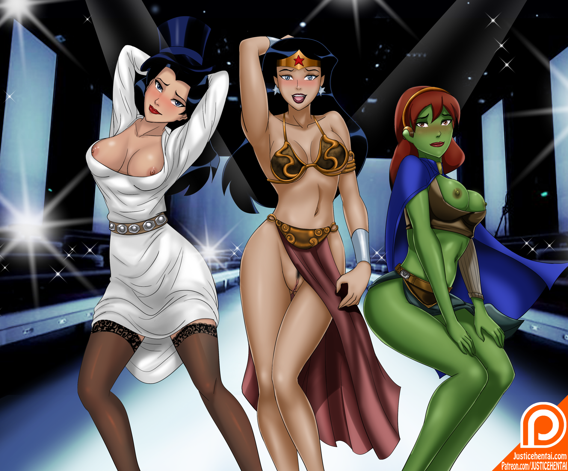 2d, 3girls, alien, alien girl, alien look like human, cosplay, crossover, dc, dc comics, diana prince, female, female only, green skin, green-skinned female, justicehentai.com, miss martian, multiple females, multiple girls, patreon, slave leia (cosplay), star wars, superheroine, wonder woman, wonder woman (series), young justice, zatanna, zatanna zatara