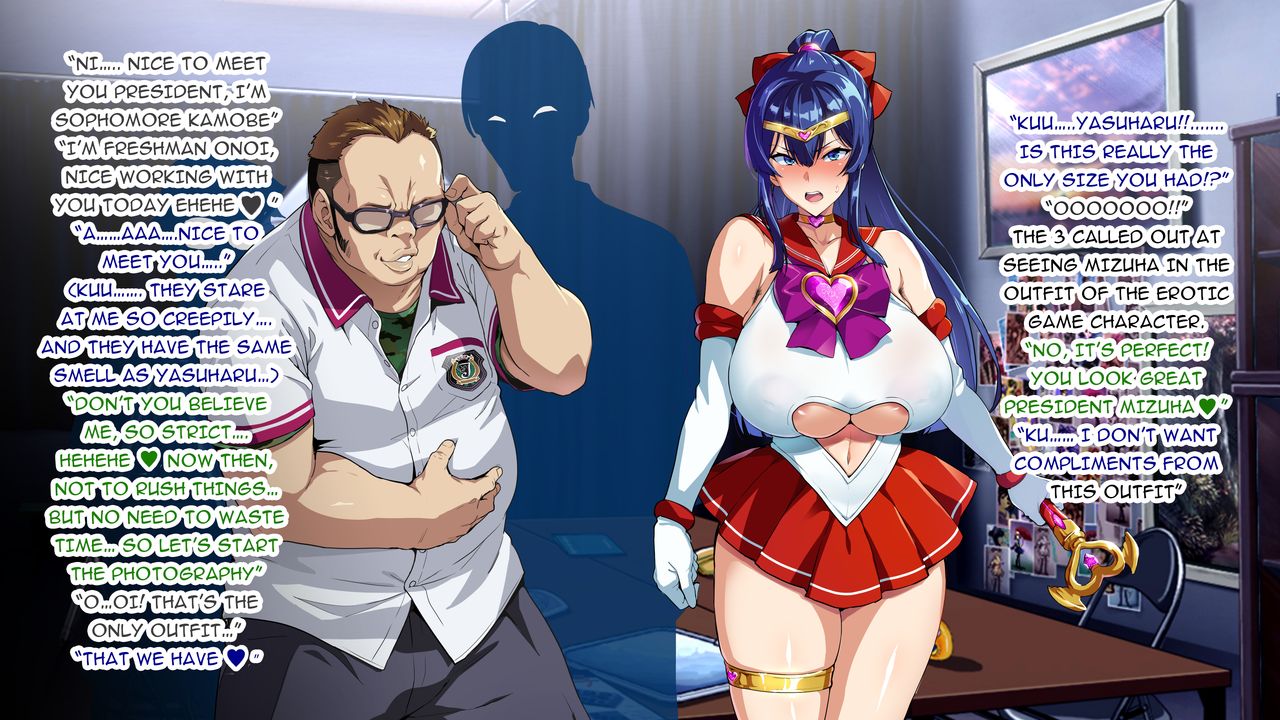 1girls 3boys aomiya_mizuha_(juukon_sentai_juusoldier) blue_eyes blush brown_hair camo_print camo_shirt cosplay elbow_gloves english_text fat_man glasses hair_between_eyes huge_breasts juukon_sentai_juusoldier_(takeda_hiromitsu) long_hair magical_girl_outfit oomori_yasuharu_(juukon_sentai_juusoldier) open_mouth ponytail red_skirt school_uniform takeda_hiromitsu white_gloves white_shirt