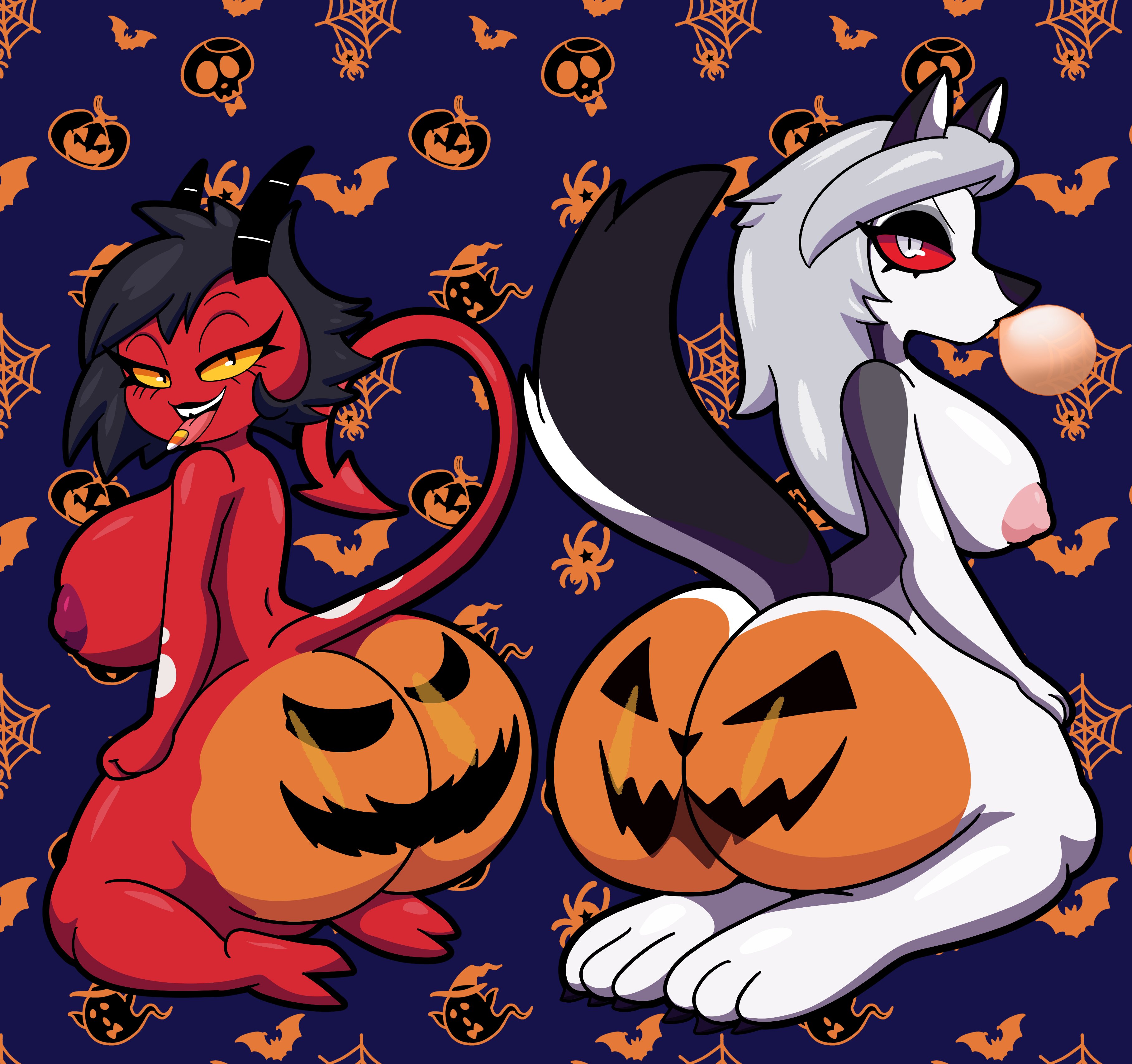 2girls, ass, breasts, canid, canid demon, demon, duo, female, hellhound, helluva boss, imp, loona (helluva boss), mammal, millie (helluva boss), multiple females, multiple girls, nude, pumpkin butt, someth1ngoranother