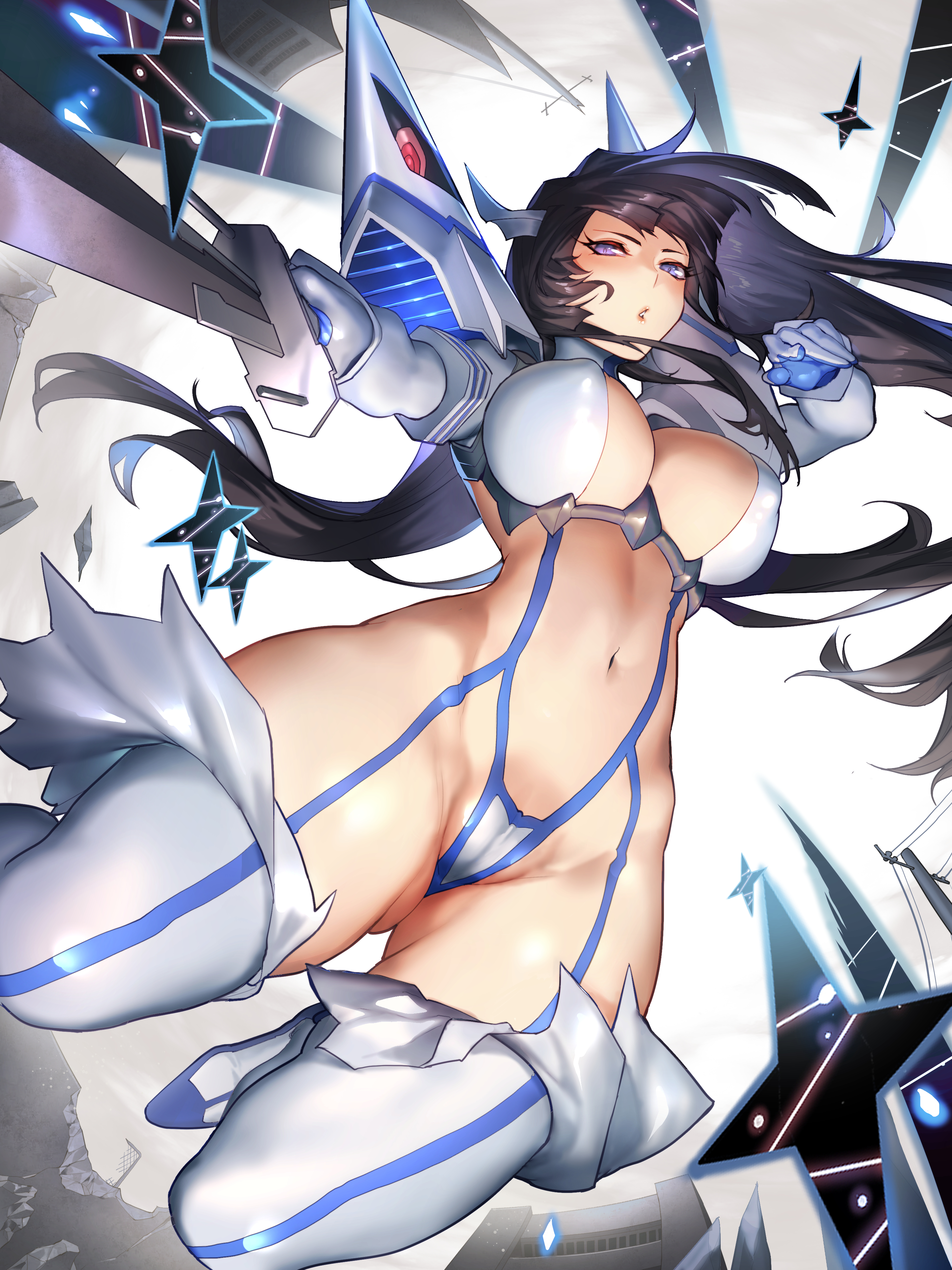 1girls, belly button, big breasts, black hair, black-haired female, breasts, cameltoe, female, jinlin, junketsu, kill la kill, kiryuuin satsuki, pussy, thick thighs, thighhighs, wide hips