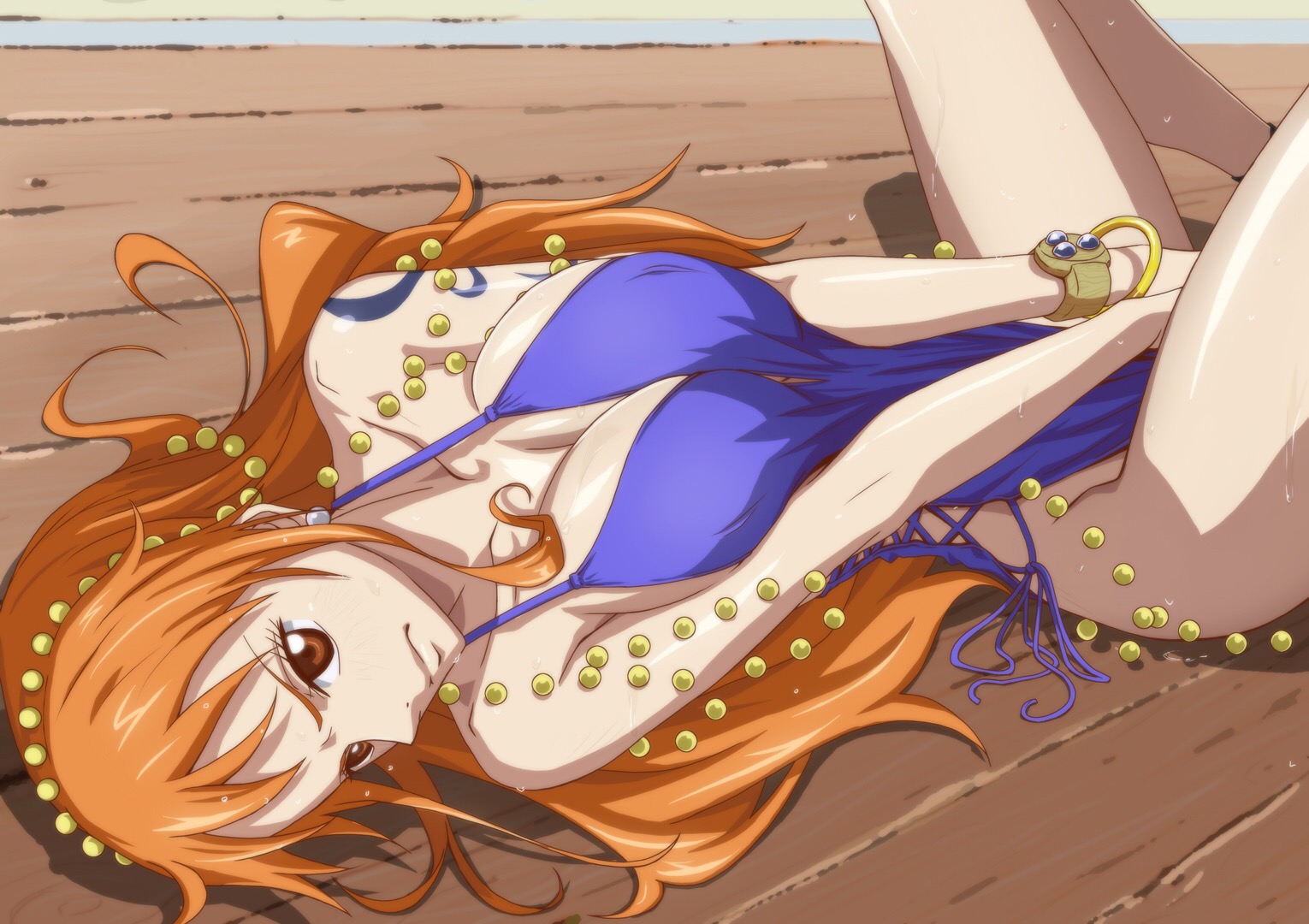 1girls, arm tattoo, big breasts, blue tattoo, breasts, clothing, female, female only, kyabakurabakufu, nami (one piece), nami (one piece) (zou), one piece, one piece: zou arc, orange hair, orange-haired female, post-timeskip, purple dress, tattoo, thighs