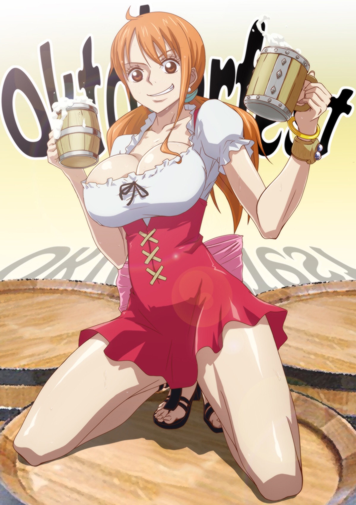 1girls, beer, clothing, female, female only, kyabakurabakufu, nami (one piece), one piece, open toe shoes, orange hair, orange-haired female, post-timeskip, thighs, whole cake island