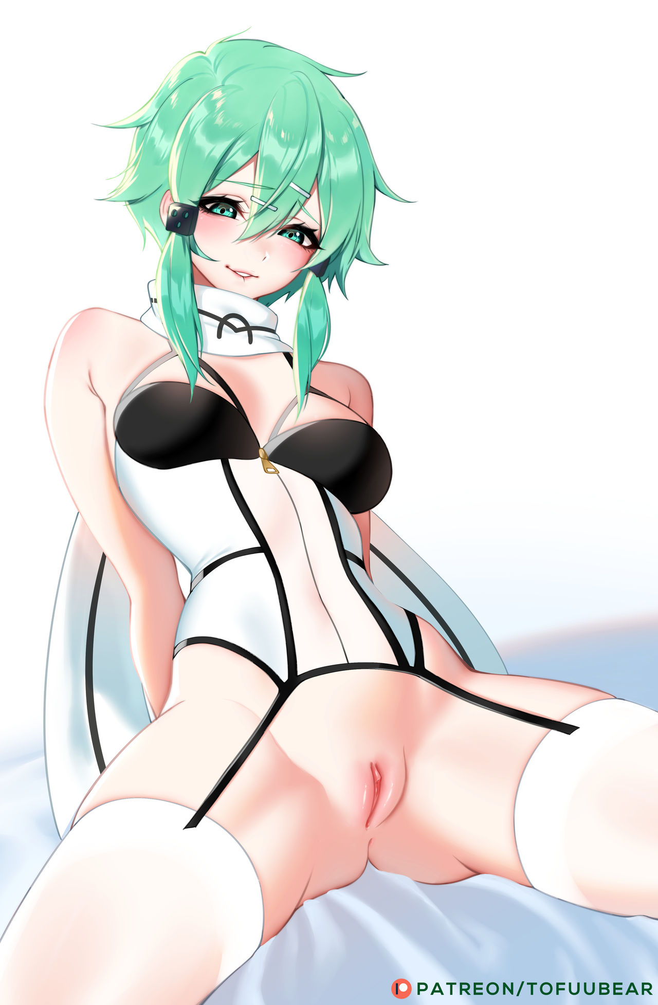 1girls, asada shino, breasts, female, green eyes, green hair, gun gale online, hair between eyes, nipples, patreon, presenting, presenting pussy, pussy, short hair, sinon, solo, sword art online, tofuubear, uncensored