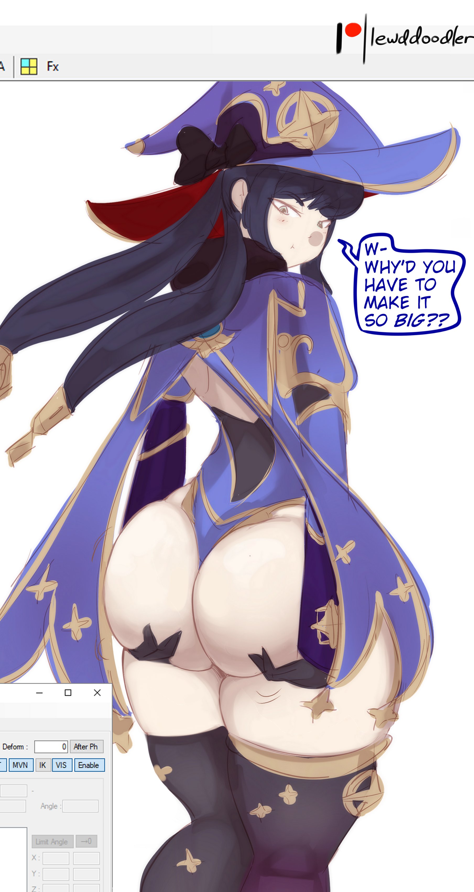1girls, ass, ass support, big ass, big butt, black hair, bottom heavy, bubble ass, bubble butt, clothing, dialogue, female, female only, genshin impact, hat, huge ass, huge butt, large ass, large butt, lewddoodler, looking at ass, looking at self, looking back, mona (genshin impact), solo, text, thick thighs, thighhighs, thunderthighs, wide hips