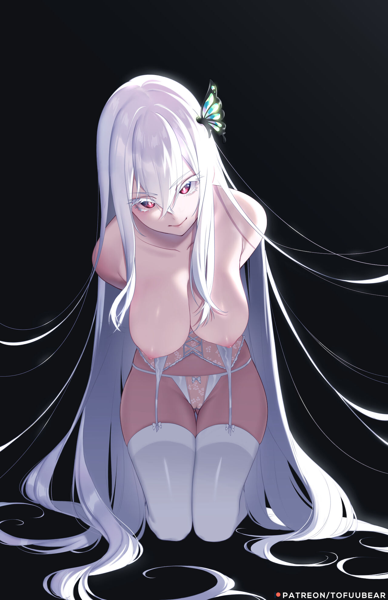 1girls, big breasts, breasts, echidna (re:zero), female, kneeling, light skin, long hair, looking at viewer, nipples, nude, re:zero kara hajimeru isekai seikatsu, solo, tofuubear