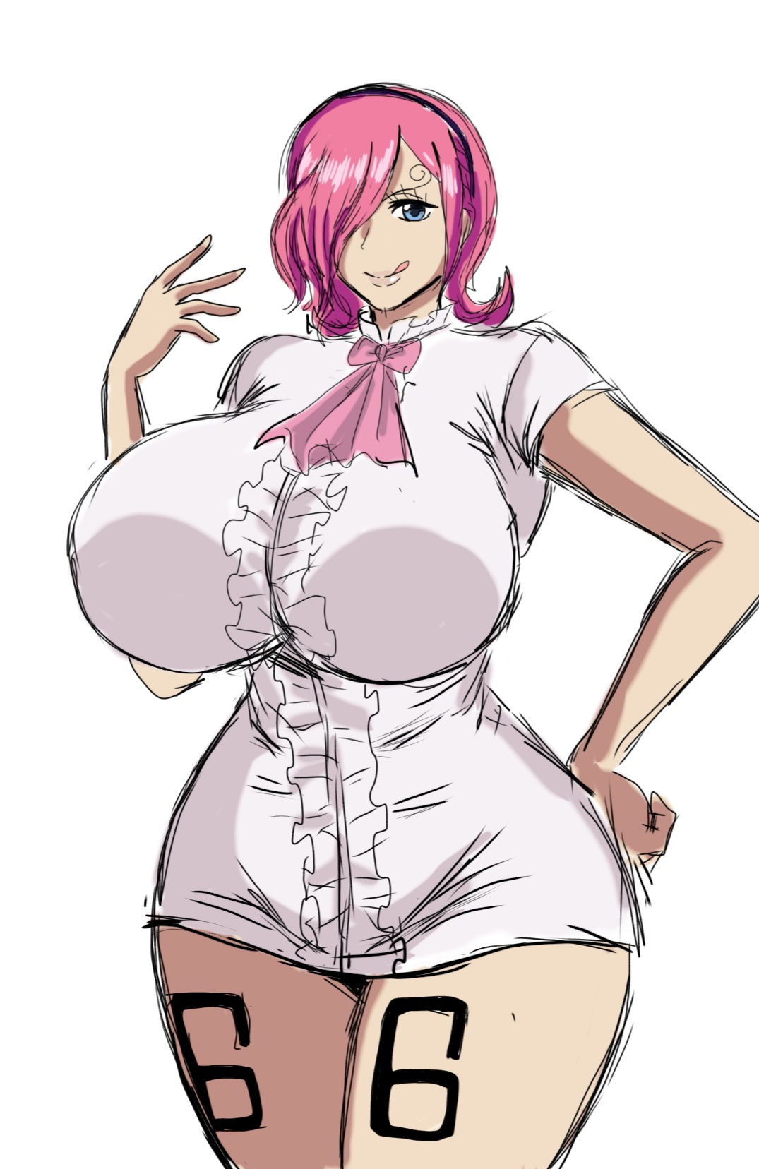1girls, big breasts, black tattoo, breasts, clothed, female, female only, hand on hip, huge breasts, leg tattoo, licking lips, looking at viewer, medium hair, momiji (artist), number tattoo, one piece, pink hair, pink-haired female, solo, solo female, tattoo, thick thighs, vinsmoke reiju, voluptuous