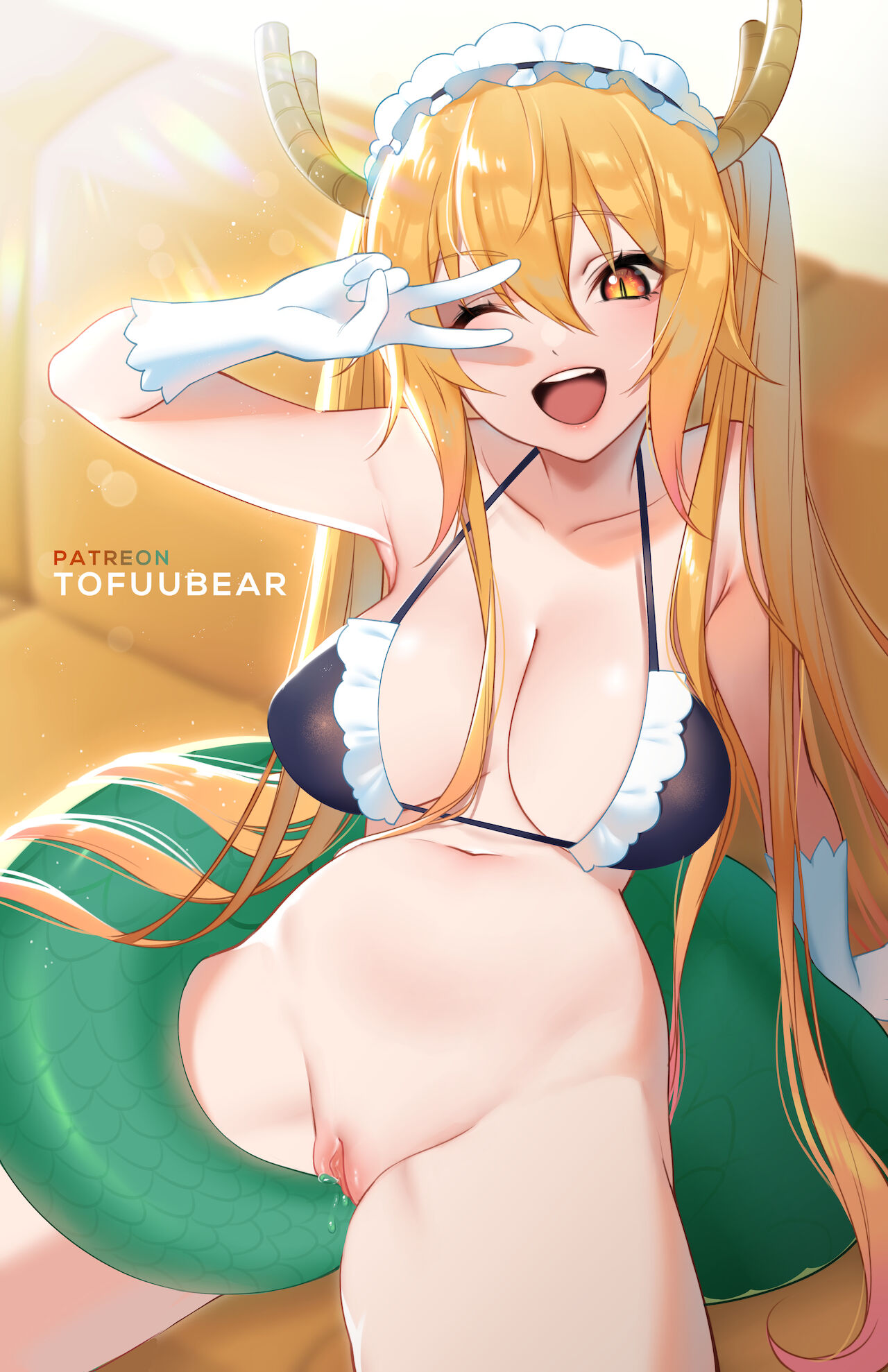 1girls, big breasts, breasts, dragon girl, dragon tail, female, female focus, female only, horn, horns, humanoid, indoors, inside, looking at viewer, maid, maid headdress, miss kobayashi's dragon maid, solo, solo female, tofuubear, tohru (dragon maid)