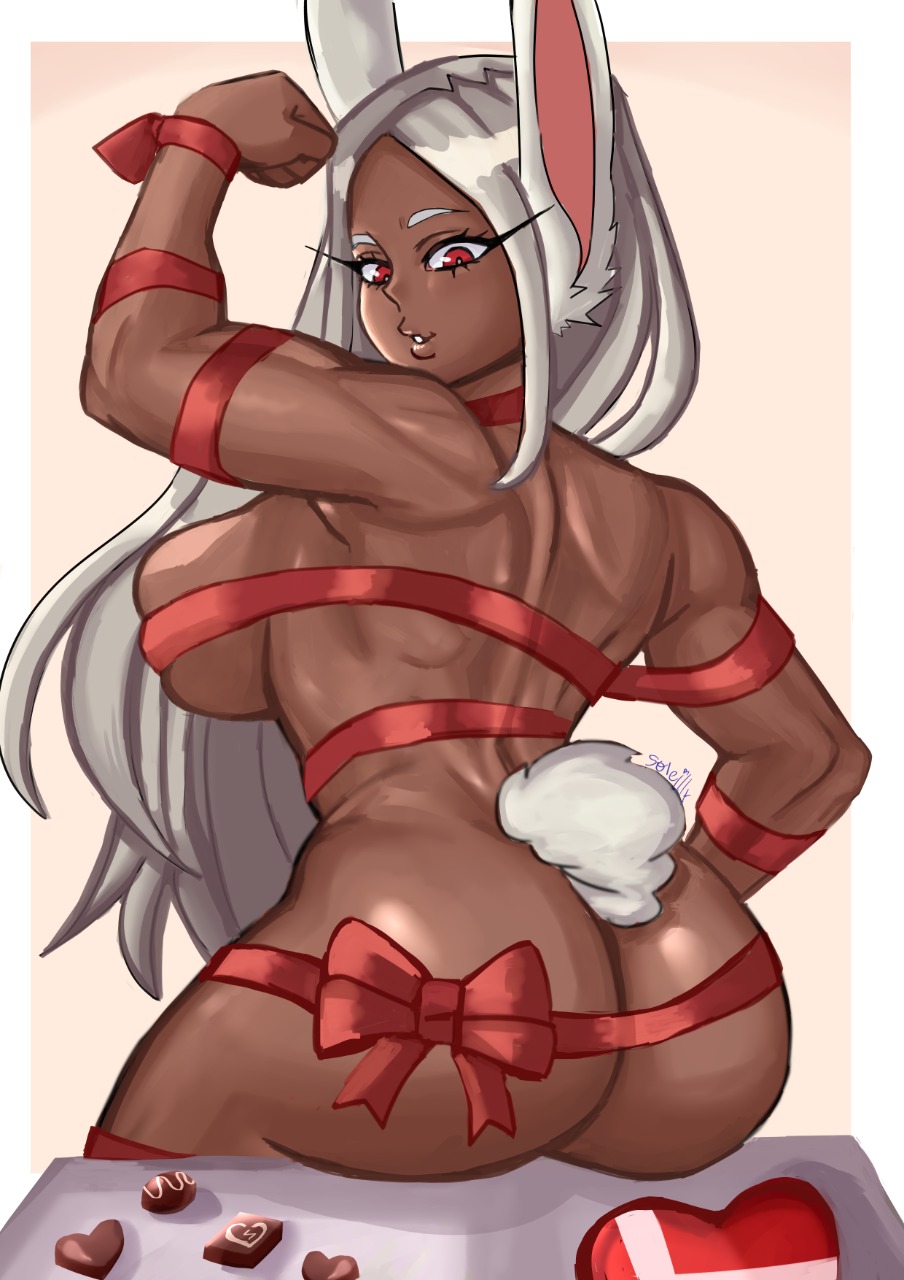 1girls, ass, big ass, big breasts, breasts, bunny ears, bunny tail, chocolate, female, female only, functionally nude, functionally nude female, huge ass, huge breasts, long hair, miruko, muscles, muscular, muscular female, my hero academia, red eyes, ribbon, ribbons, rumi usagiyama, sideboob, soleilly, solo, solo female, tail, valentine's day, white hair