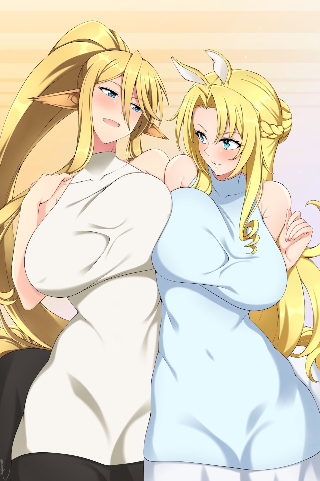 2girls belly_button big_breasts blonde_hair blue_eyes braided_hair breast_squish breasts centaur centaur_girl centorea_shianus duo equid equid_taur exposed_breasts female female/female female_only hair hi_res huge_breasts humanoid_taur large_breasts lindaroze long_hair mammal mammal_taur monster_girl monster_girl_(genre) monster_musume_no_iru_nichijou monster_musume_no_oisha-san multiple_girls naked navel nipples nude ponytail squish taur tisalia_scythia