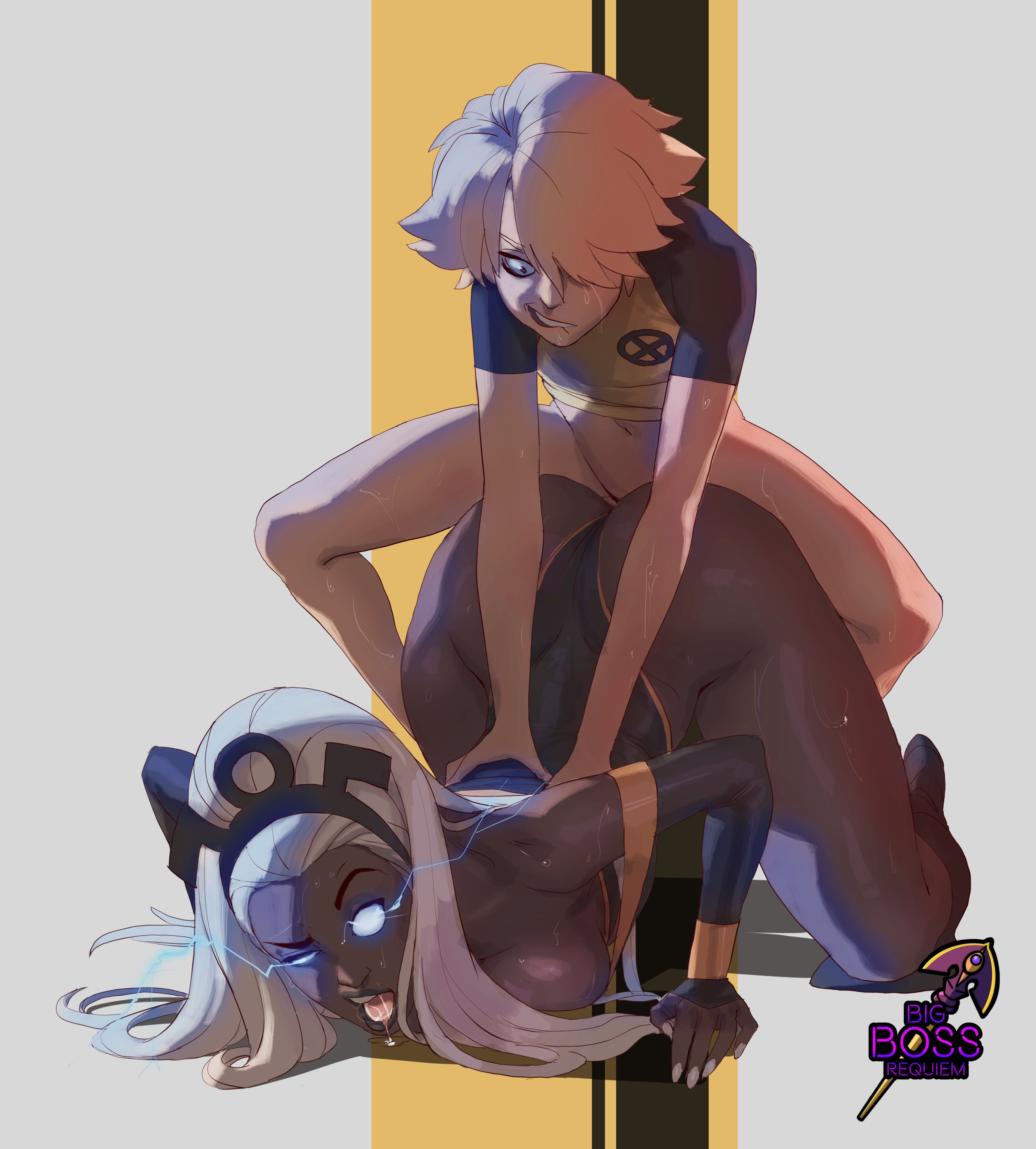 1boy, 1girls, age difference, all fours, arched back, ass, ass focus, ass up, bigbossrequiem, bulldog position, dark skin, dark-skinned female, doggy style, drool, drool string, drooling, female, glowing eyes, human, human only, interracial, leotard, long hair, male, male/female, marvel, marvel comics, moaning, moaning in pleasure, mouth open, narrowed eyes, older female, open mouth, original character, ororo munroe, pupilless eyes, saliva, saliva on tongue, saliva string, salivating, sex, short hair, simple background, size difference, storm (x-men), straight, straight sex, sweat, sweatdrop, taken from behind, top-down bottom-up, white hair, x-men, younger male