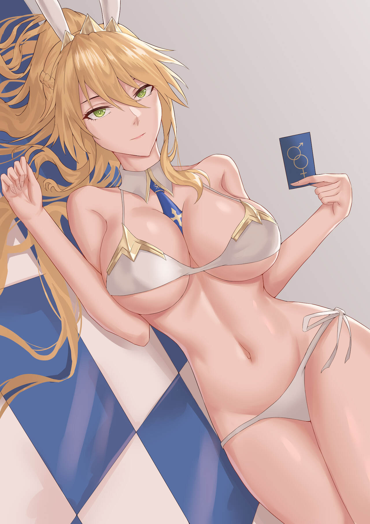 1girls artoria_pendragon artoria_pendragon_(lancer) big_breasts big_thighs blonde_hair blush breasts bunny_ears fate/grand_order fate_(series) female freed_turing solo