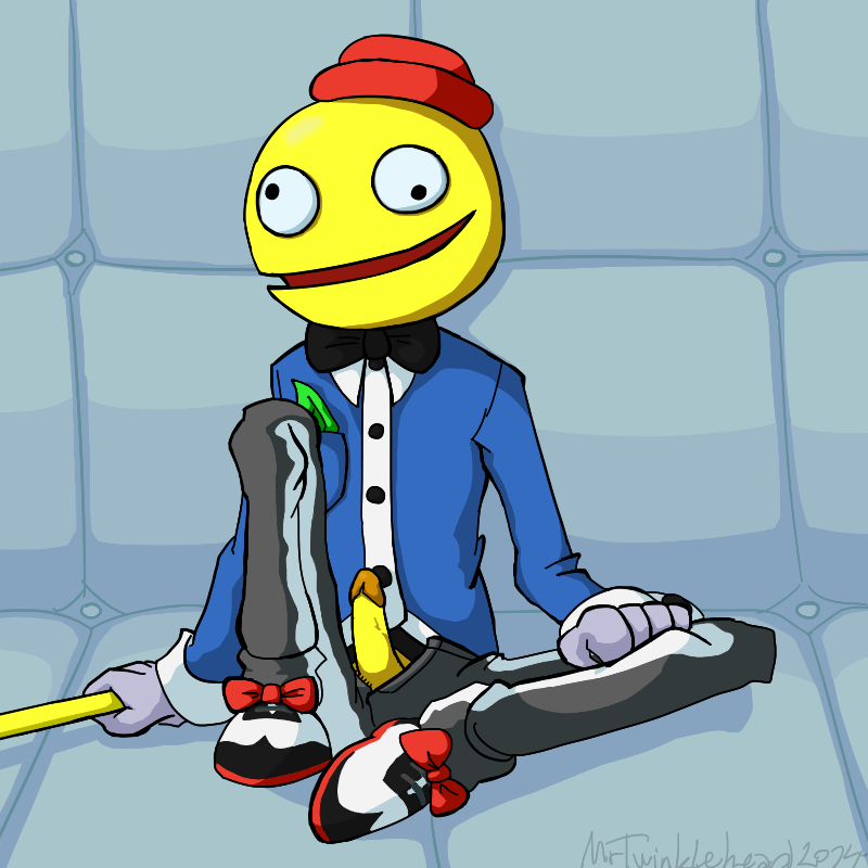 1boy 2014 black_bow black_bow_tie black_bowtie black_pants blue_coat bow bow_tie bowtie candy candy_humanoid candyman cane clothed clothing derpy_eyes food food_creature food_humanoid holding_object lethal_league male male_only mikubasen mouth_open no_sex non-human one_knee_up open_mouth padded_cell padded_floor padded_room padded_walls penis penis_out red_hat signature sitting sitting_down solo solo_male source_not_archived yellow_body yellow_penis