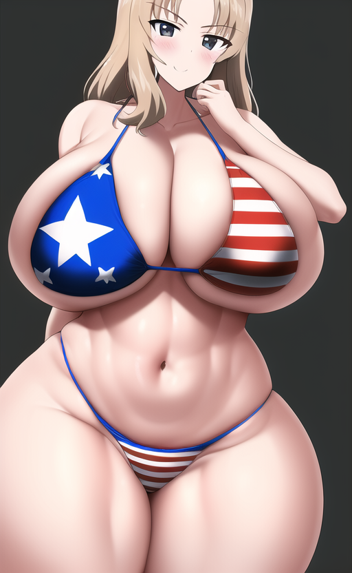 ai generated, american flag bikini, blonde hair, breasts, female, female only, girls und panzer, huge breasts, kay (girls und panzer), large breasts, nai diffusion, self upload, stable diffusion, thick thighs, voluptuous