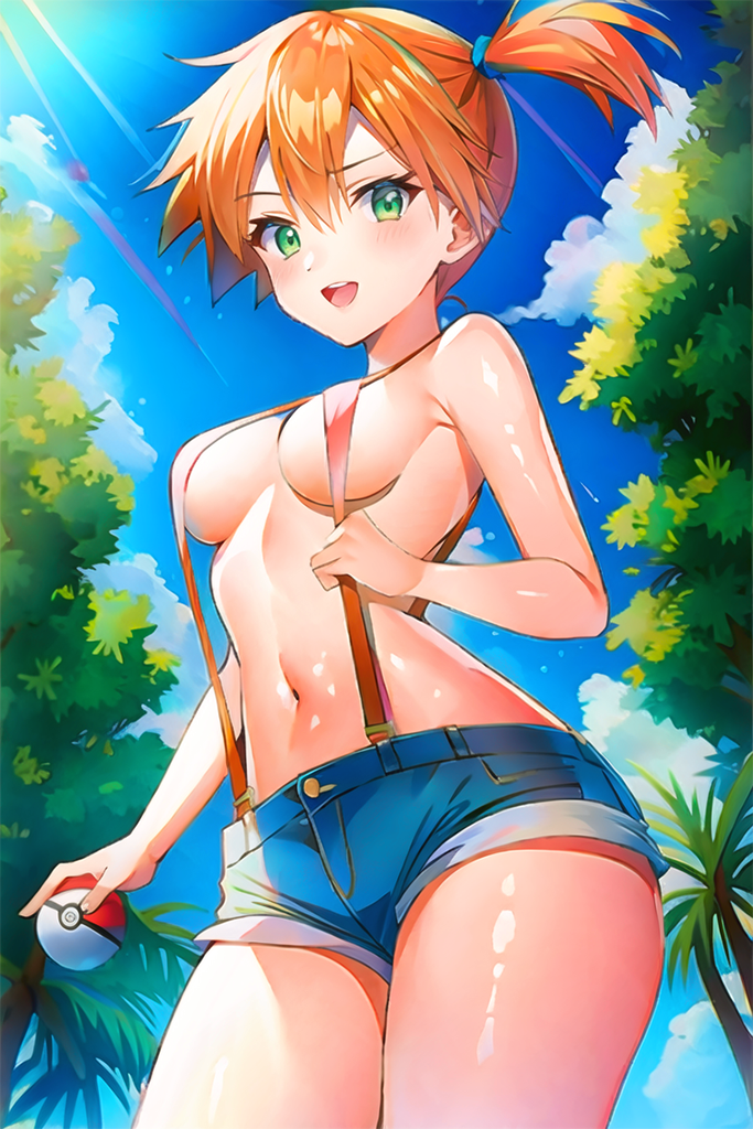 1girls ai_generated bangs bare_arms blue_sky blush breasts bush cloud convenient_censoring cranpeach day denim denim_shorts eyebrows_visible_through_hair eyelashes female female_only foliage grass green_eyes hair_between_eyes hair_tie holding holding_ball holding_poke_ball kasumi_(pokemon) light_rays looking_at_viewer misty_(pokemon) navel nintendo open_mouth orange_hair outdoors palm_leaf palm_tree poke_ball pokemon pokemon_(anime) pokemon_rgby shiny shiny_hair shiny_skin short_shorts shorts side_ponytail sky smile solo stable_diffusion standing sunlight suspender_shorts suspenders tied_hair tree underboob