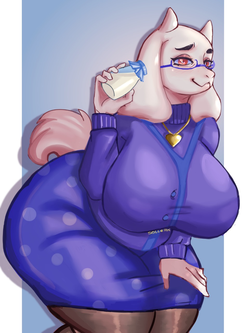 1girls, 2d, alternate version available, anthro, ass, big ass, big breasts, blush, breasts, clothing, eyewear, female, female only, furry, glasses, gloves, goat horns, horns, huge ass, huge breasts, large breasts, leggings, mature, mature female, milf, milk bottle, mother, necklace, neckwear, plump, red eyes, soleilly, solo, solo female, tail, teacher, thick thighs, thighs, toriel, undertale, undertale (series), voluptuous, white fur