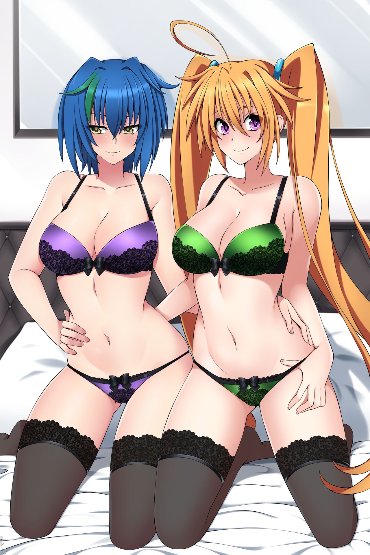 2girls, bed, big breasts, bikini, blonde hair, blue hair, breasts, female, high school dxd, holding waist, hug, lindaroze, looking at viewer, looking pleasured, multiple females, multiple girls, nipples, on bed, orange hair, purple eyes, shidou irina, smile, smiling, smiling at viewer, thighhighs, twintails, very long hair, xenovia quarta, yellow eyes, yuri