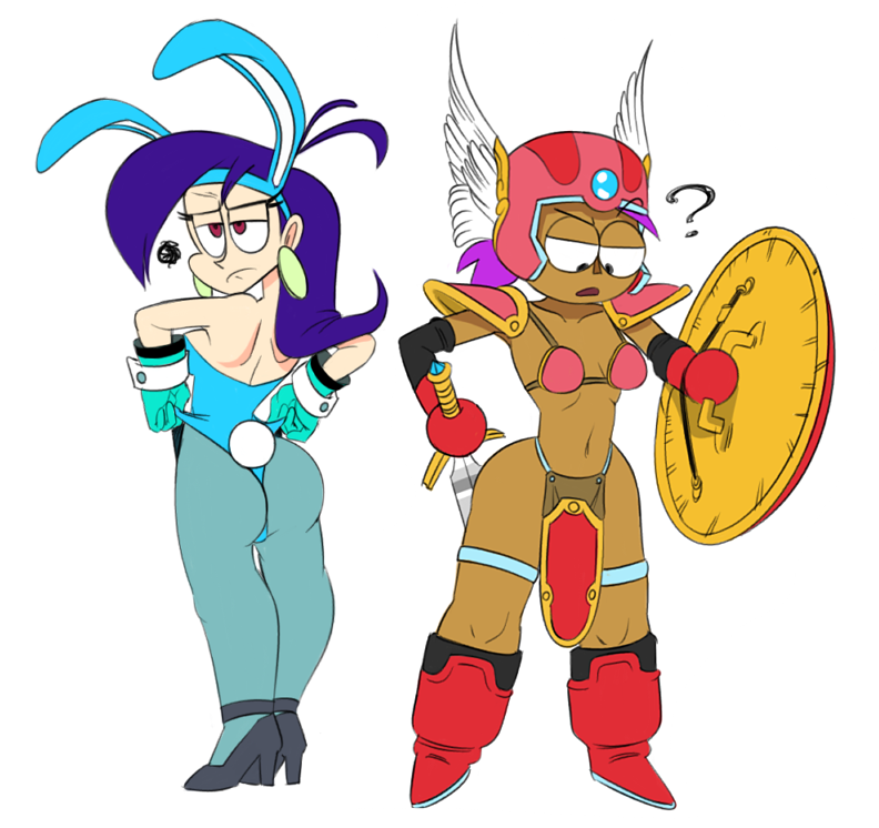 2girls ass bikini_armor bunnysuit cartoon_network clothing costume crossover dark-skinned_female dragon_quest dragon_quest_iii enid enid_mettle full_body incogneato jester_(dq3)_(cosplay) long_hair mighty_magiswords ok_k.o.!_let's_be_heroes shield skimpy_armor small_breasts soldier_(dq3)_(cosplay) squiggle sword unconvincing_armor vambre_warrior white_background winged_helmet