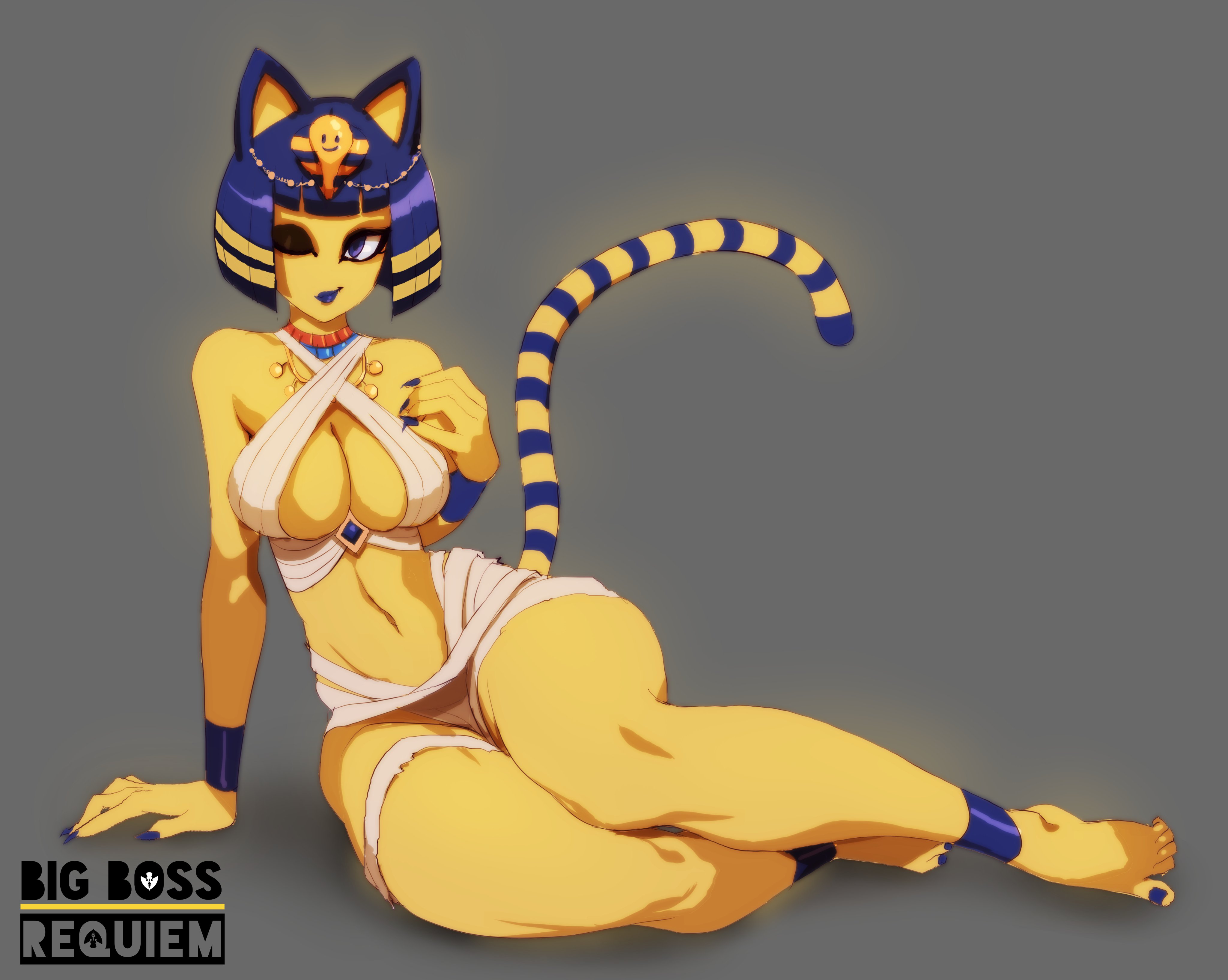 2021, animal crossing, ankha, ankha (animal crossing), anthro, bigbossrequiem, breasts, cleavage, clothed, egyptian, female, furry, medium breasts, nintendo, one eye closed, short hair, simple background, sitting, tail, wide hips, yellow body