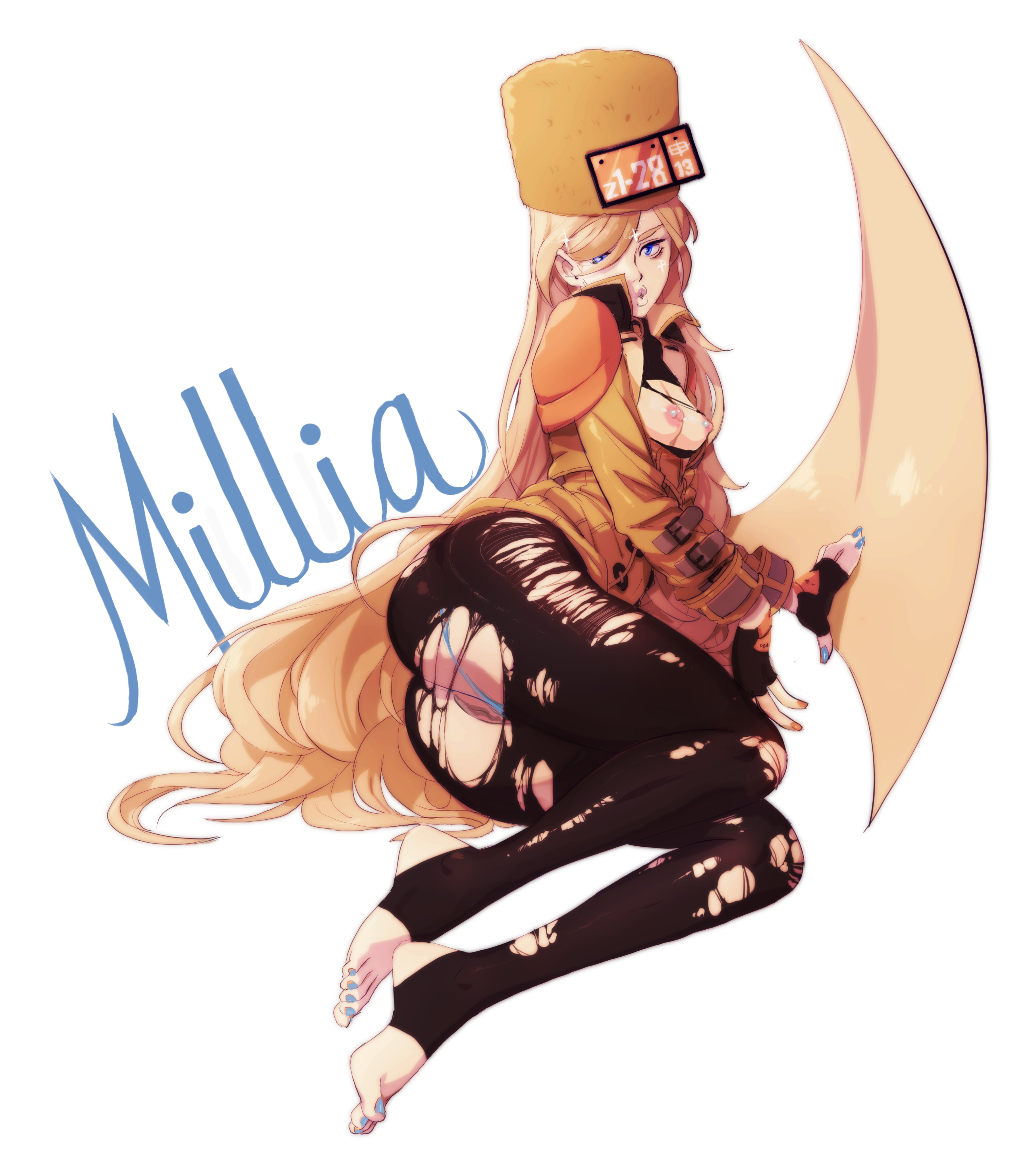 ass, bigbossrequiem, blonde hair, breasts, breasts out, feet, female, guilty gear, hat, long hair, millia rage, on side, panties aside, prehensile hair, pussy, sitting, small breasts, stirrup legwear, torn clothes, white background