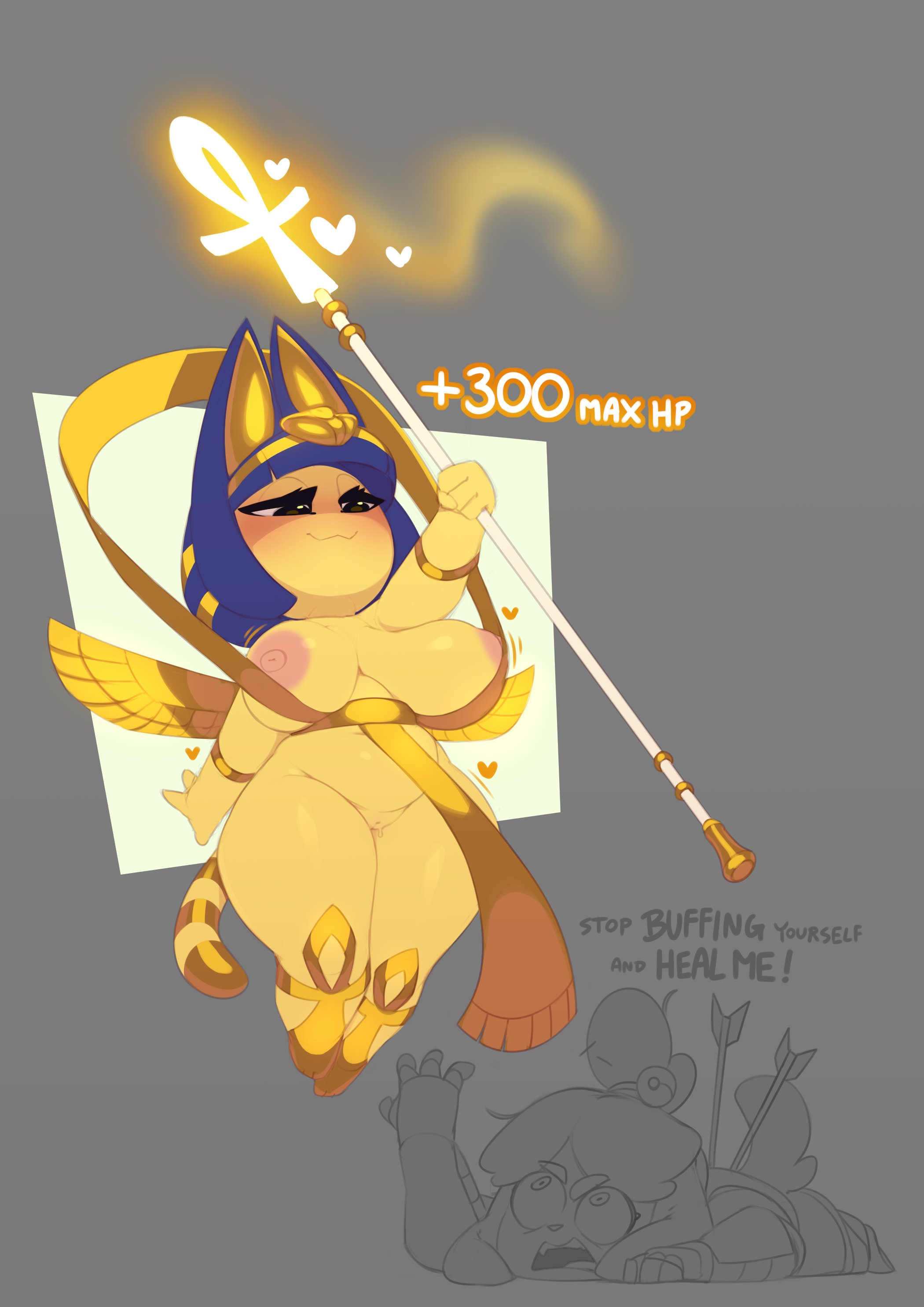 2022, absurd res, alternate breast size, animal crossing, ankha, ankha (animal crossing), anthro, areola, arrow (weapon), blue hair, breasts, canid, canine, dialogue, digital media (artwork), domestic cat, duo, english text, felid, feline, felis, female, fingers, genitals, heart, hi res, holding object, huffslove, isabelle (animal crossing), large breasts, lying, mammal, nintendo, nipples, on front, pussy, ranged weapon, revealing clothes, shortstack, simple background, text, video games, weapon, yellow body