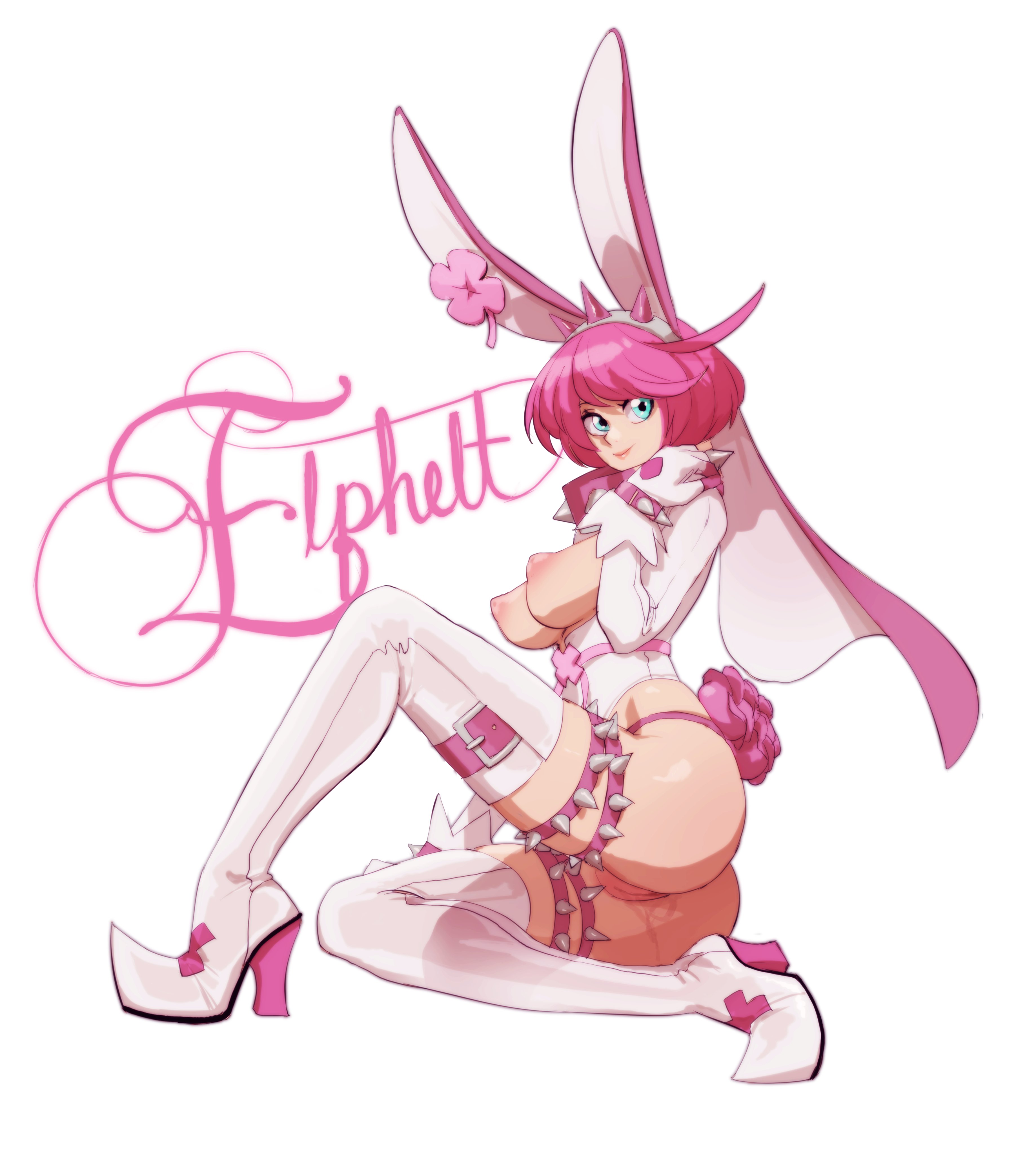 1girls, ass, bigbossrequiem, breasts, breasts out, bunny ears, bunny girl, elphelt valentine, female, guilty gear, guilty gear xrd, light skin, light-skinned female, medium breasts, pale skin, pale-skinned female, pink hair, pussy, pussy juice, rose, sitting, smile, solo, solo female, spikes, thick thighs, thigh boots, wedding dress, wet, white background
