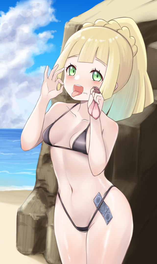 1girls, beach, bikini, blonde hair, breasts, chisamitsushi, condom, condom packet strip, eye contact, female, female focus, female only, game freak, green eyes, lillie (pokemon), long hair, looking at viewer, microskirt, nintendo, oral invitation, pokemon, pokemon (game), pokemon sm, ponytail, pubic hair in mouth, pubic hair peek, solo, standing, stray pubic hair, thick thighs, thong