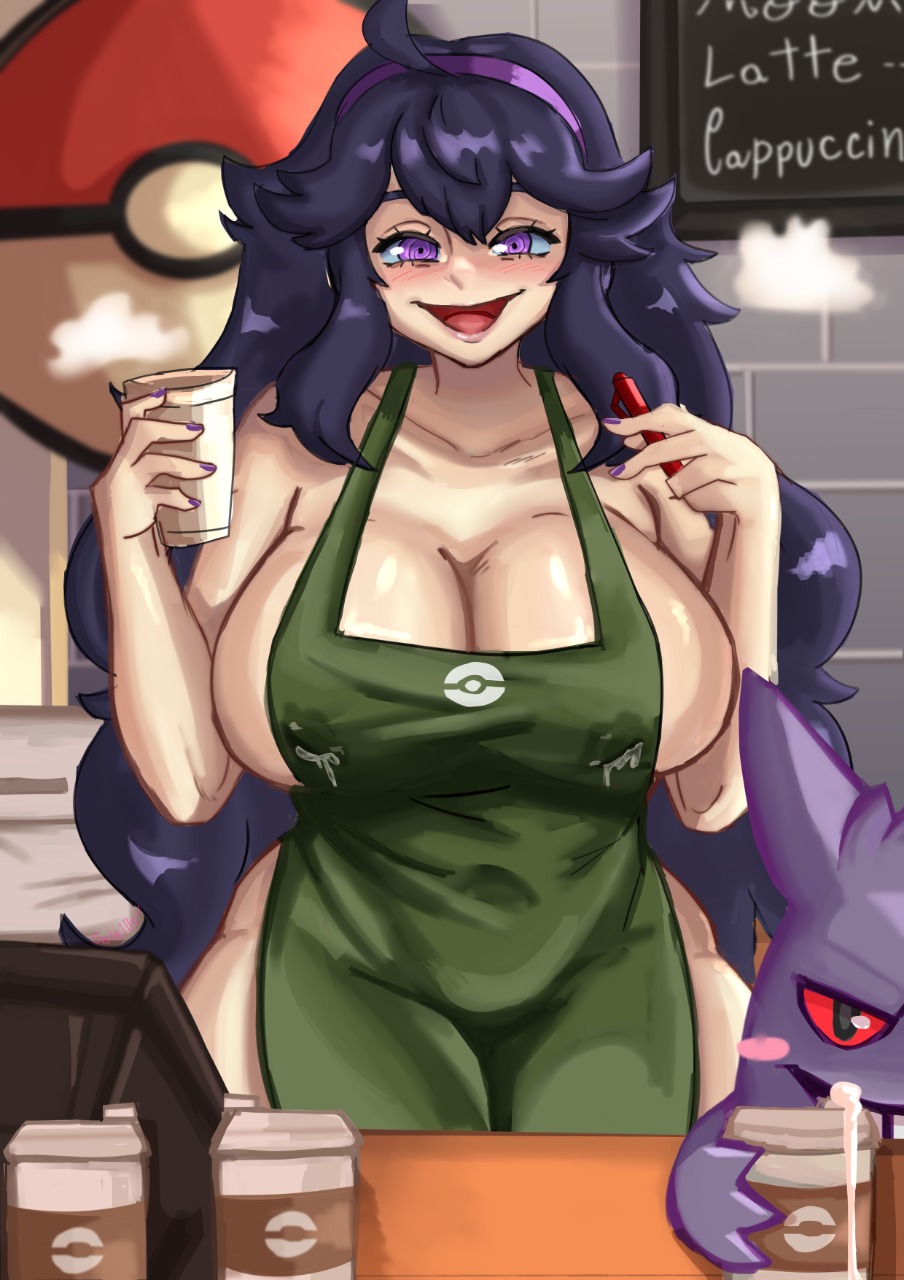 1girls, apron, apron only, big breasts, breasts, cleavage, female, female only, game freak, gengar, green apron, hex maniac, huge breasts, iced latte with breast milk, lactating, lactation, lactation through clothes, long hair, mature, mature female, meme, nail polish, nails, naked apron, npc trainer, plump, pokemon, pokemon (species), pokemon xy, purple eyes, purple hair, purple nail polish, purple nails, soleilly